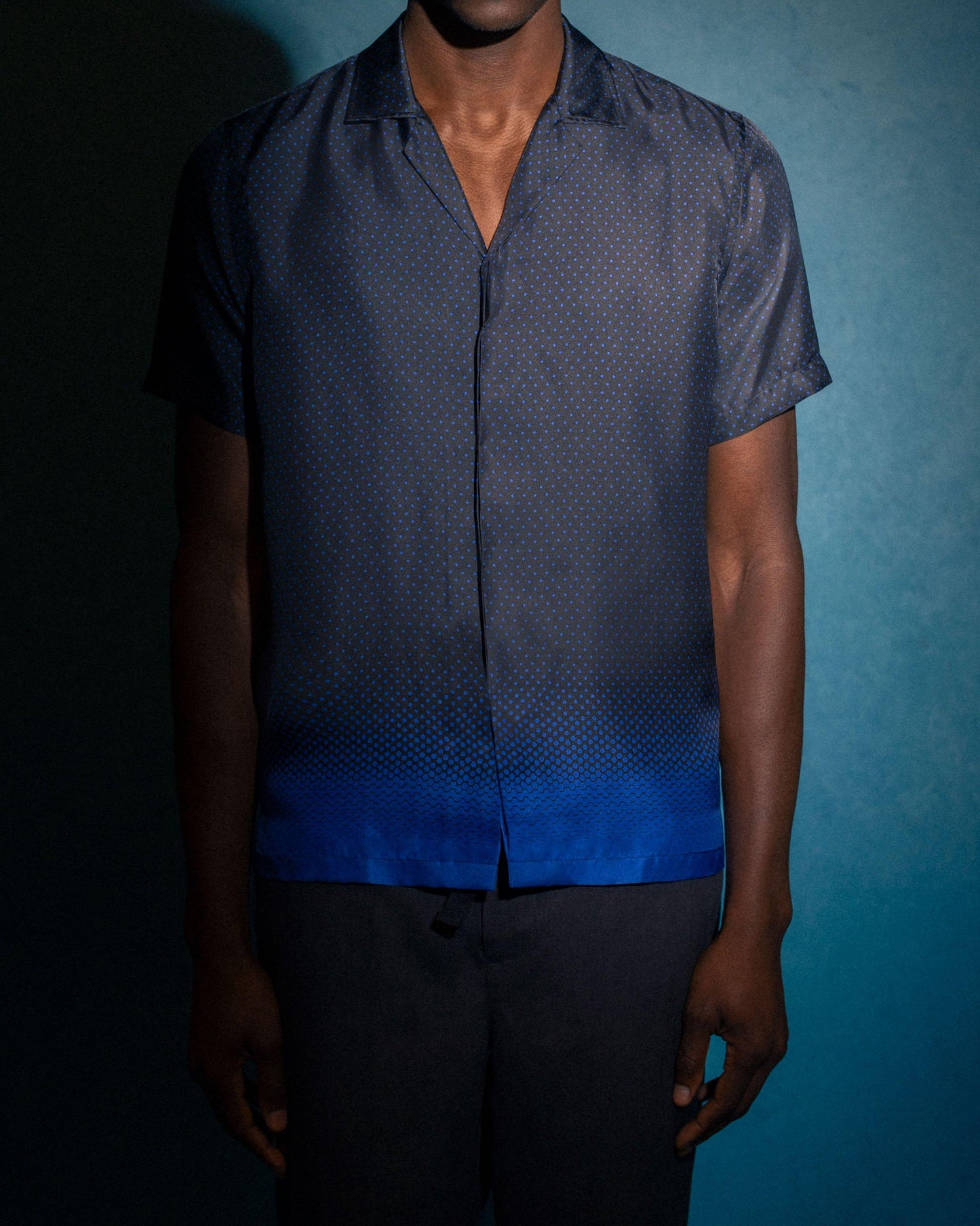 Maitan Silk - Automobili Lamborghini Blu Vathys Degrade Hexagon Print Relaxed Fit Capri Collar Certified Silk Shirt