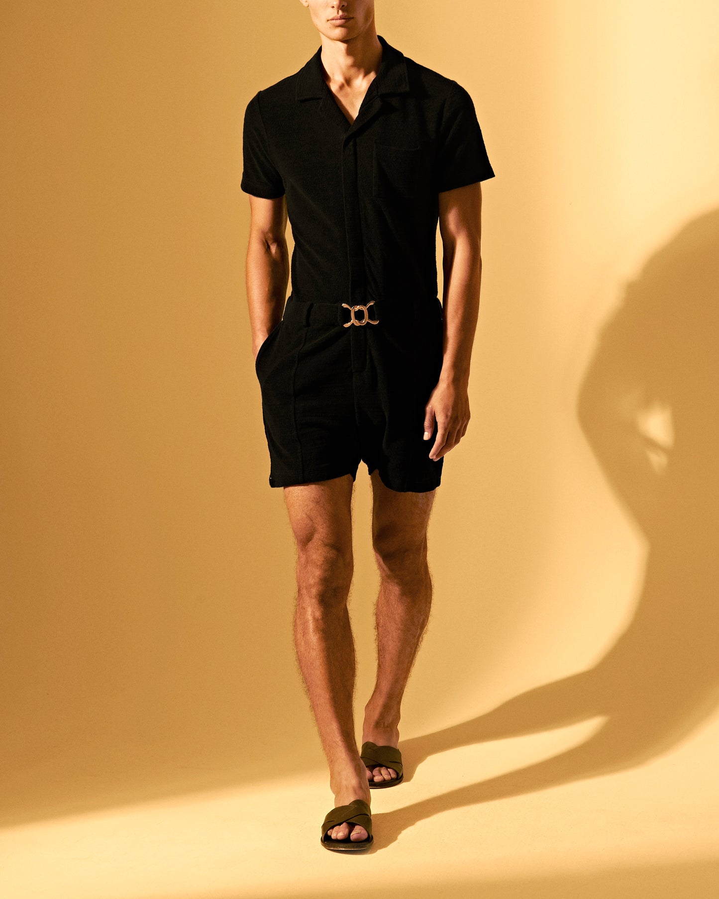 Goldfinger Onesie - Capri Collar Towelling Onesie in Black