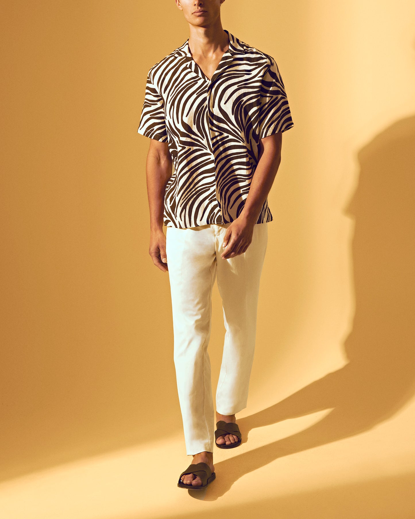 Maitan - Relaxed Fit Capri Collar Zebra Print Linen Shirt in Truffle/Latte