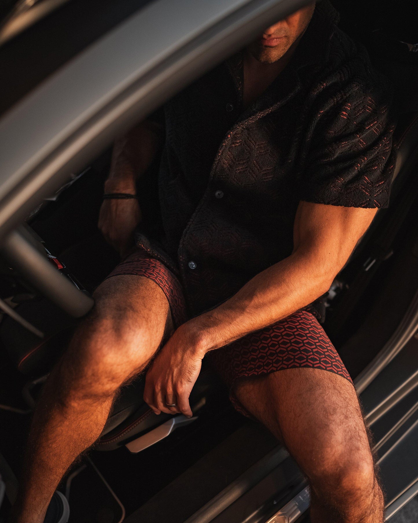 Howell Towelling - Automobili Lamborghini Black/Summer Red Hexagon Jacquard Relaxed Fit Capri Collar Cotton Shirt
