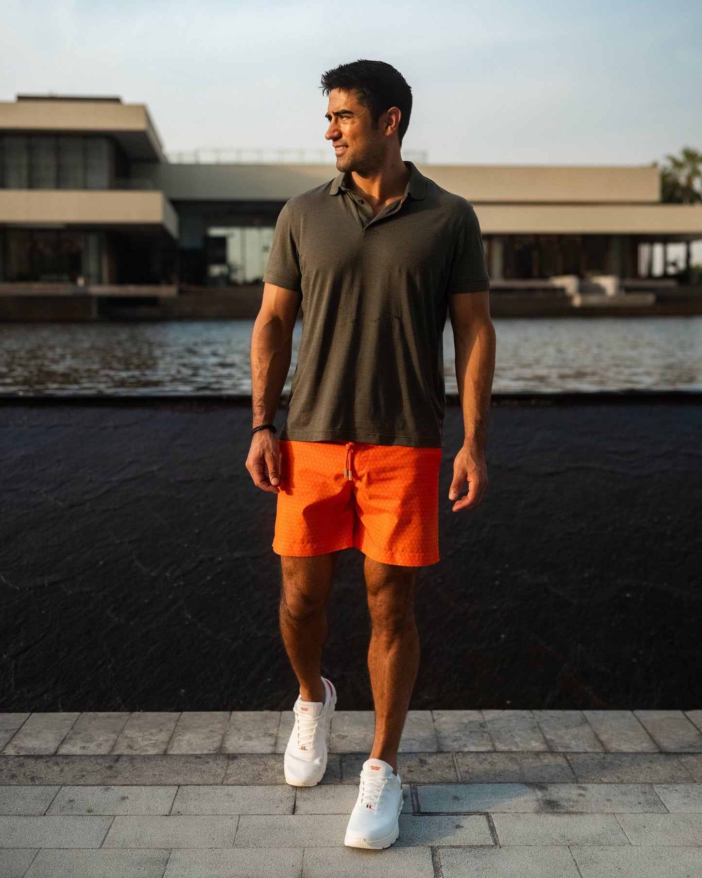 Bulldog Drawcord - Automobili Lamborghini Arancio Apodis Hexagon Print Mid-Length Drawcord Swim Shorts