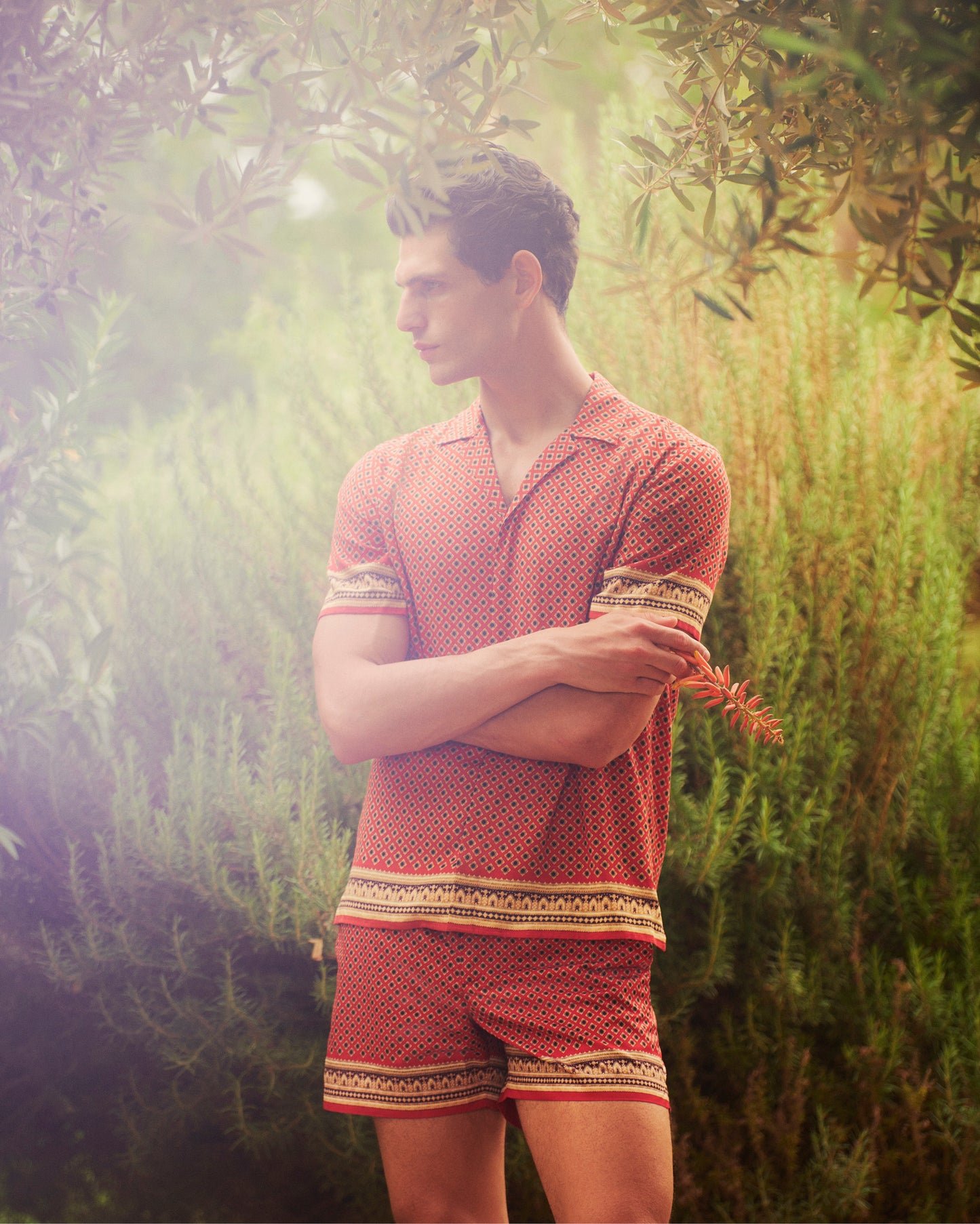 Maitan - Relaxed Fit Capri Collar Solmio Print Shirt in Summer Red