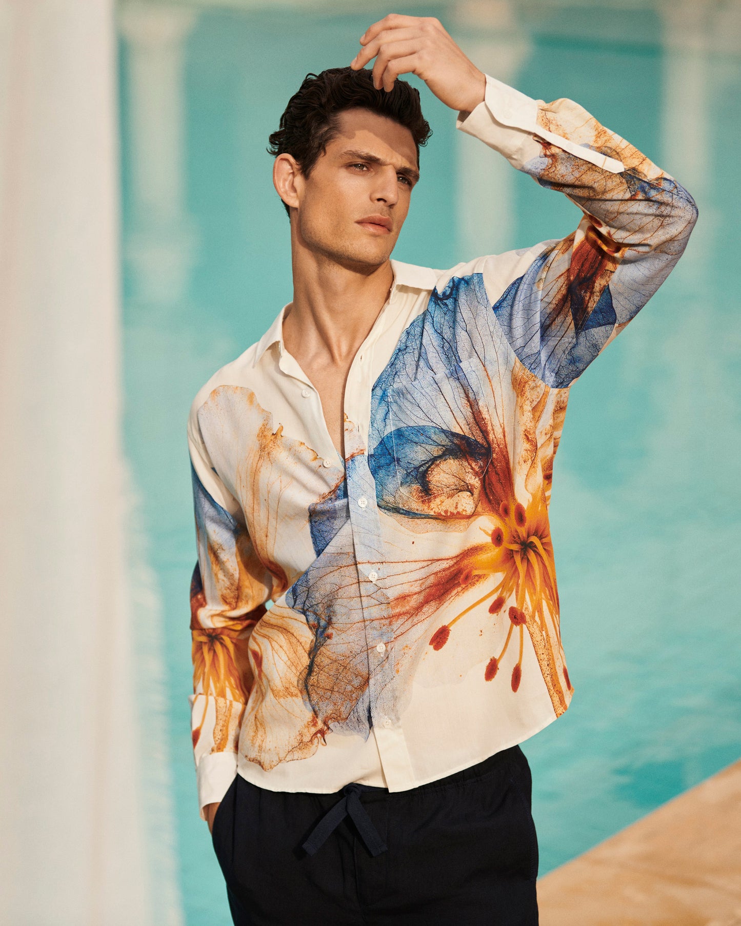 Grasmoor - Relaxed Fit Classic Collar Oshibana Print Shirt in White Sand