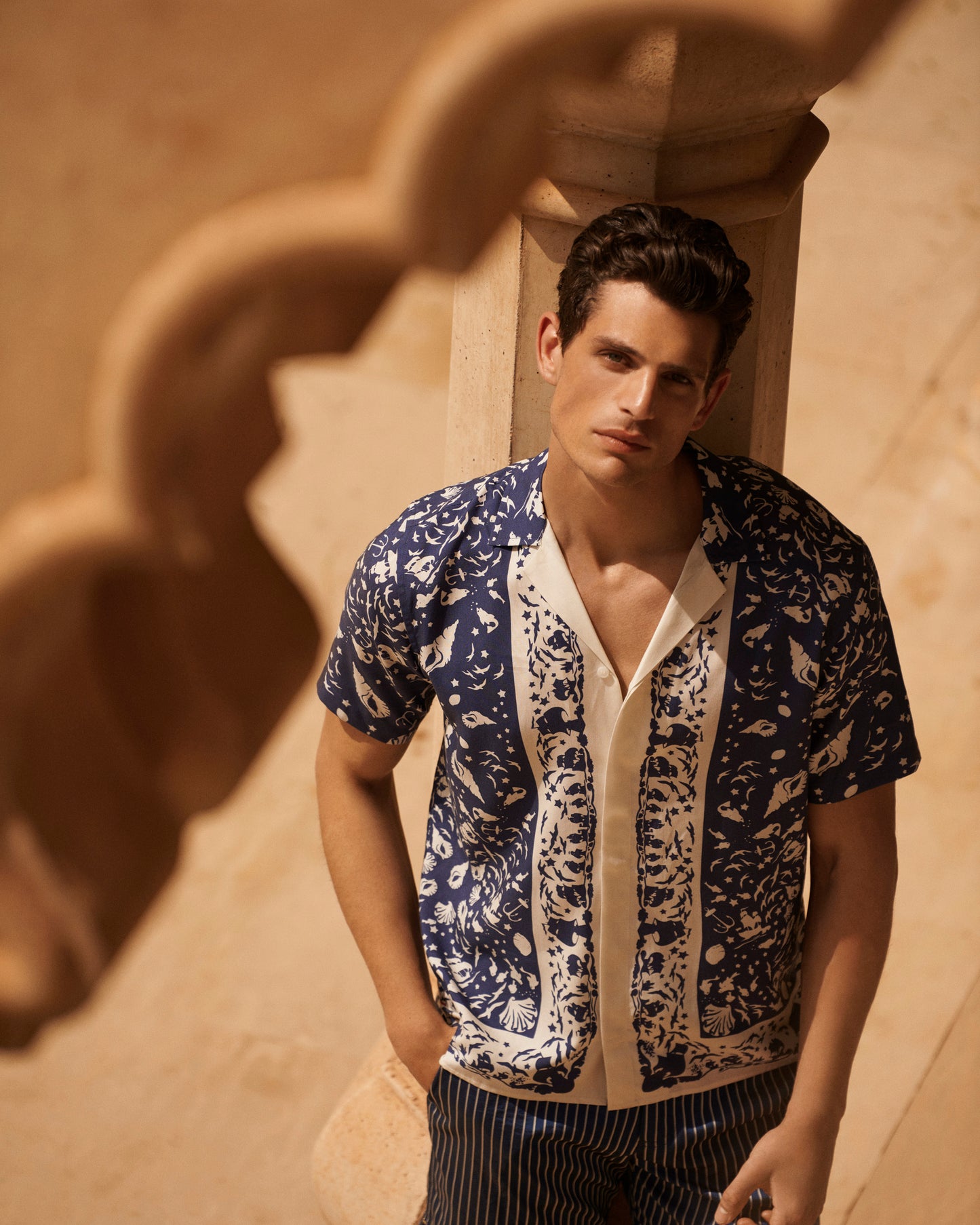 Maitan - Relaxed Fit Capri Collar Ocean Print Shirt in River Blue