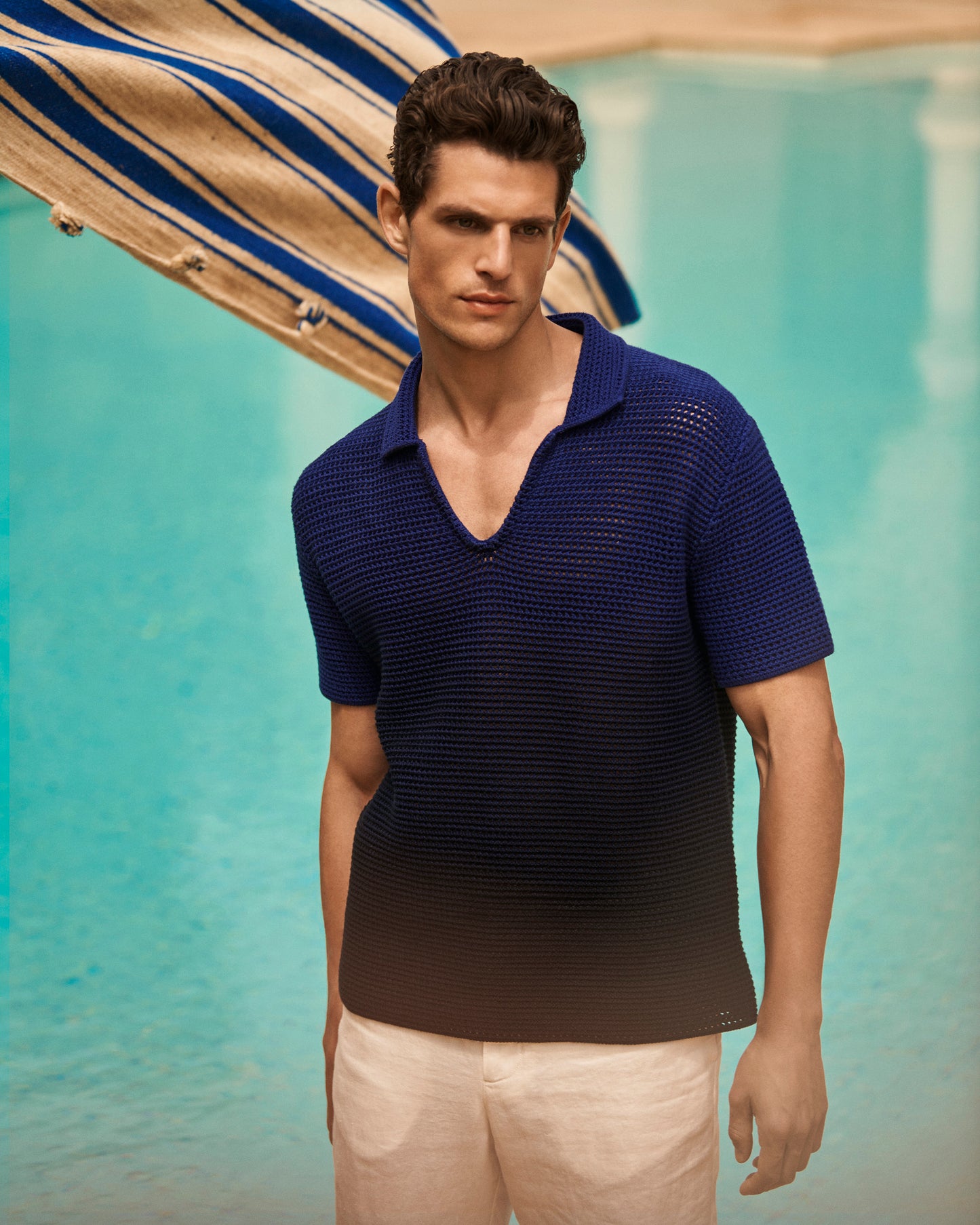 Batten - Classic Fit Crochet Effect Organic Cotton Polo Shirt in River Blue/Night Iris