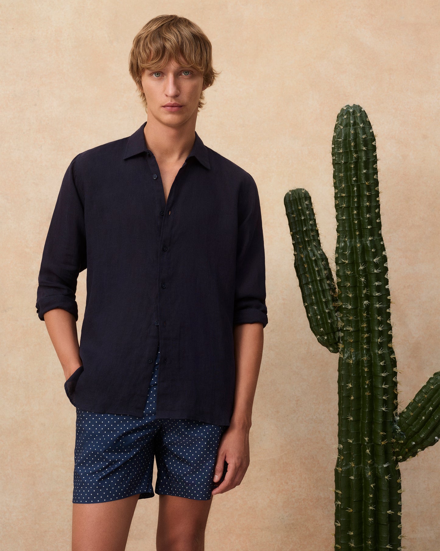 Bulldog - Mid-Length Polka Dot Print Swim Shorts in Night Iris