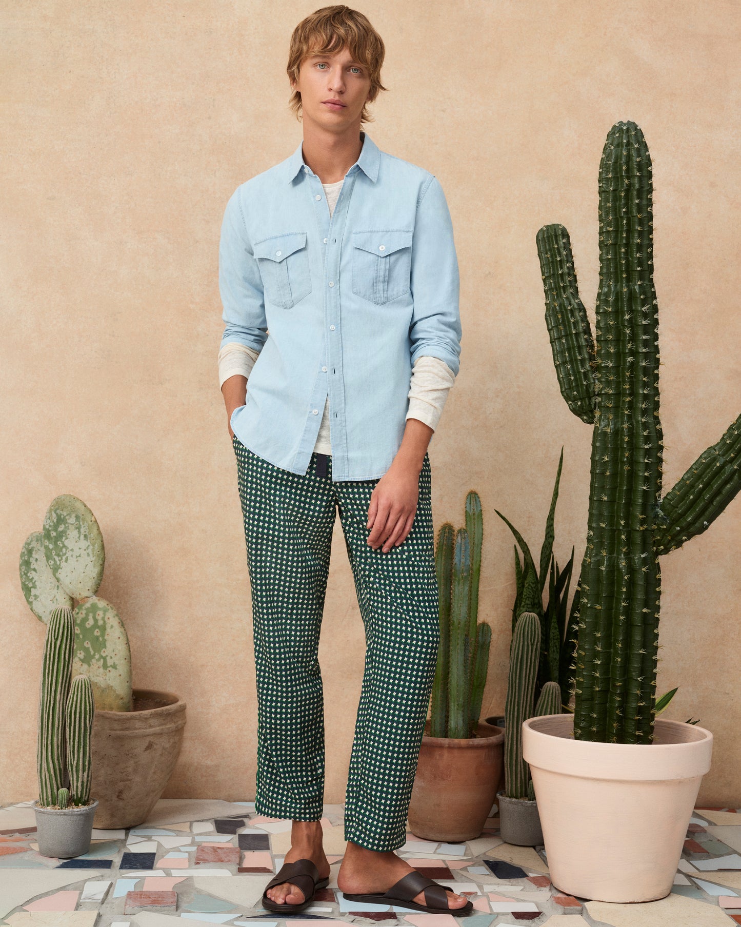 Sonoran - Relaxed Fit Piscina Print Drawcord Trousers in Agave Green