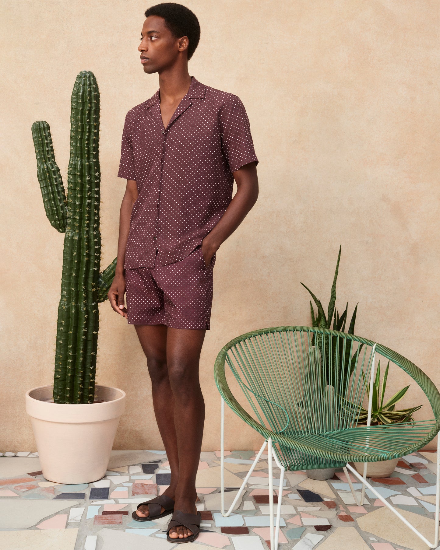 Bulldog - Mid-Length Polka Dot Print Swim Shorts in Damson