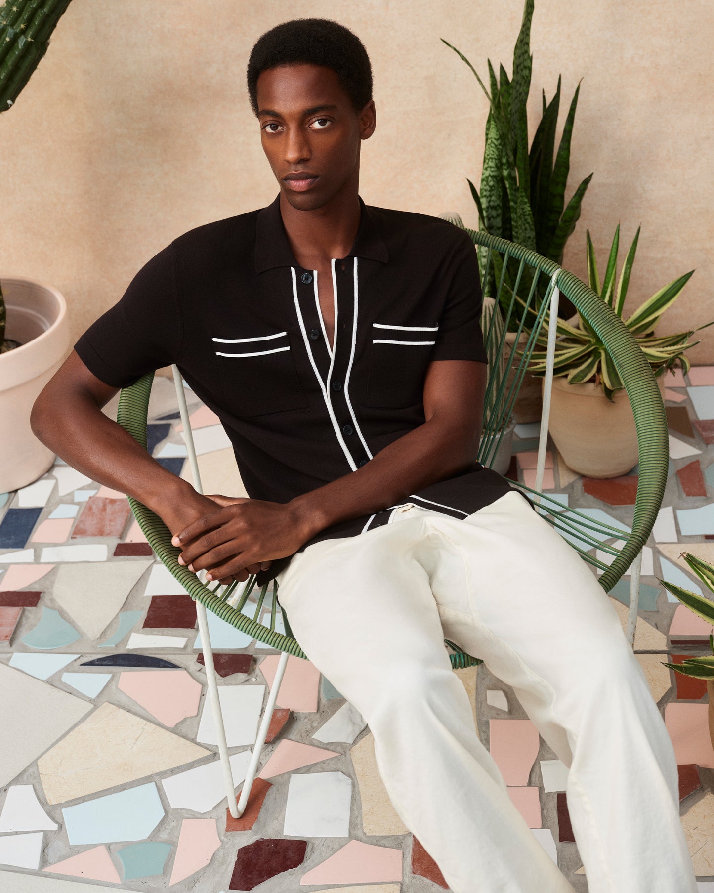 Keeling - Classic Fit Crepe Texture Cotton & Silk Shirt in Black/White Sand