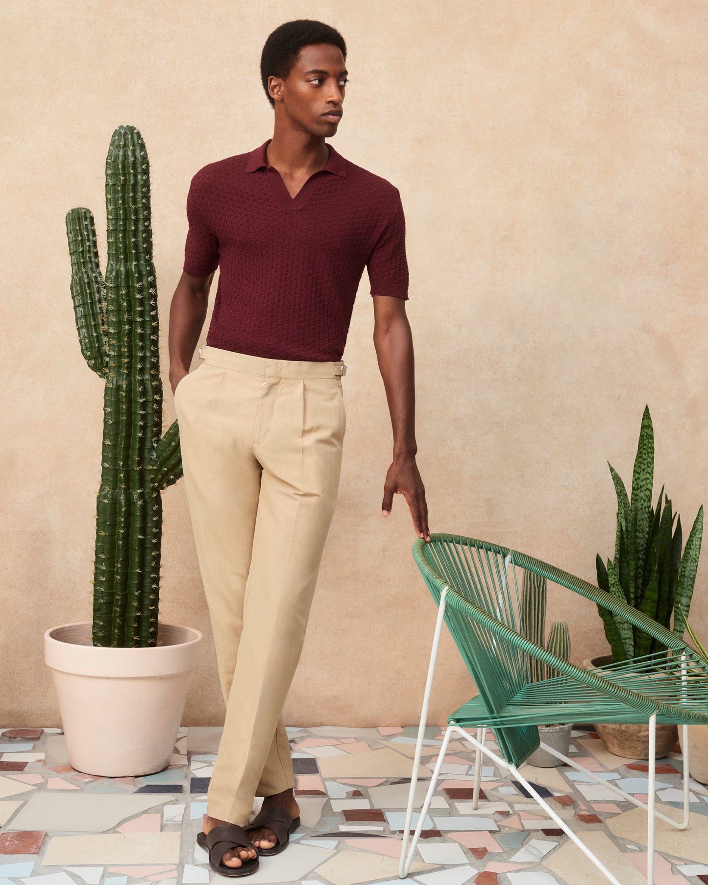 Horton - Tailored Fit Silk Lattice Knit Polo Shirt in Damson