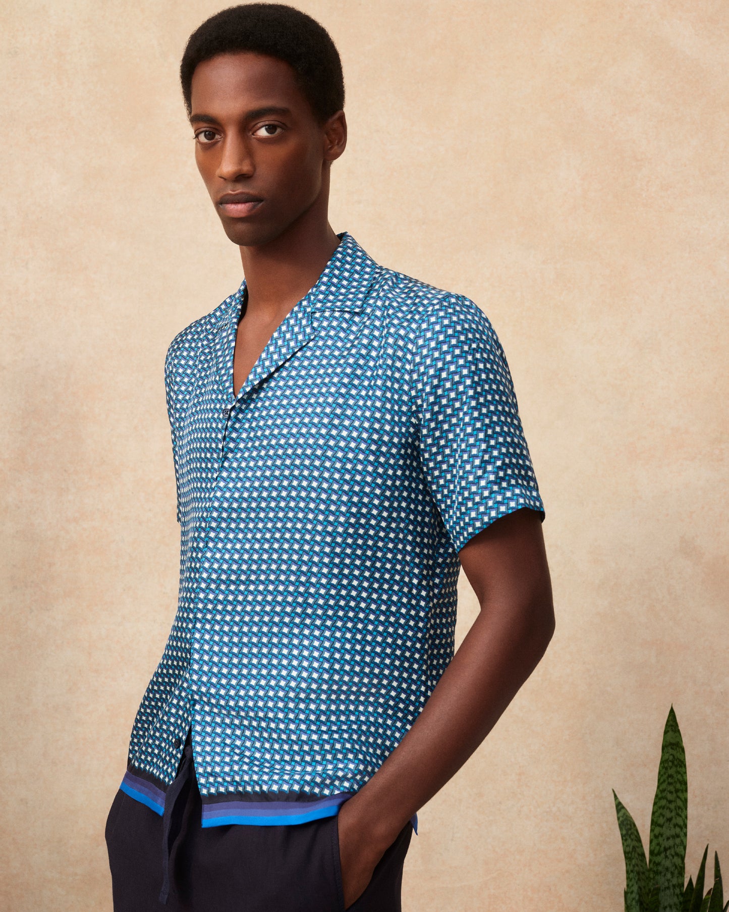 Maitan Silk - Relaxed Fit Capri Collar Piscina Print Silk Shirt in Catalina Blue