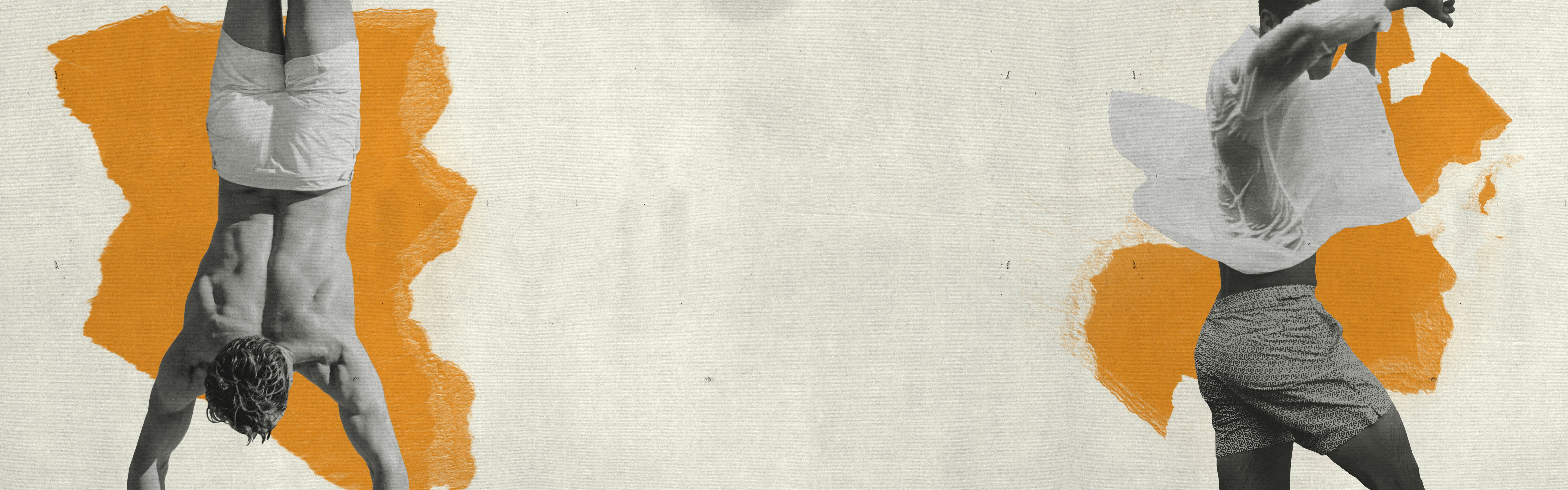 Collage of a person in a dynamic pose with abstract shapes on a textured background