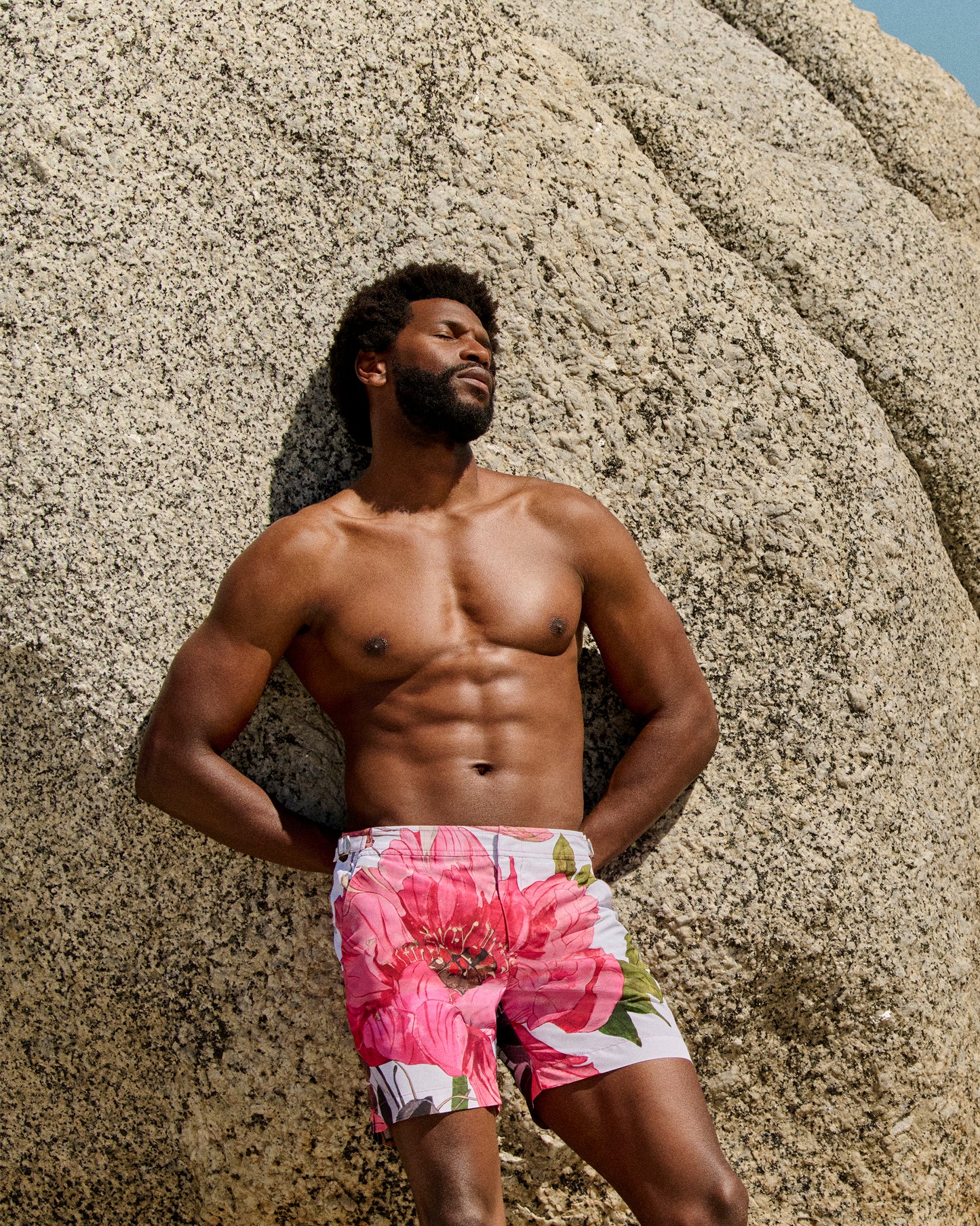 Bulldog - Mid-Length Paeonia Print Swim Shorts in Pink Lemonade View