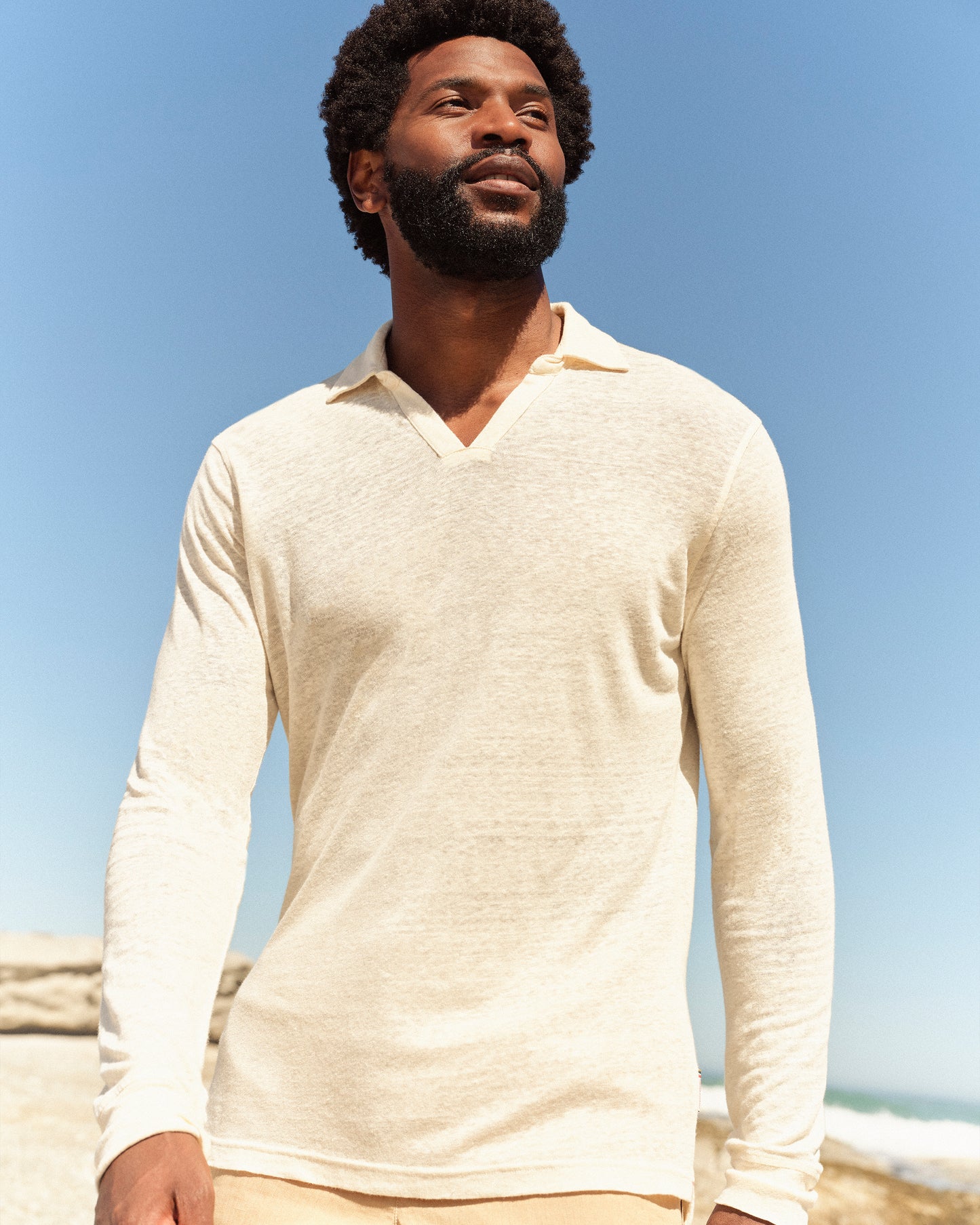 Felix - Tailored Fit Resort Collar Long-Sleeve Linen Polo Shirt in Latte