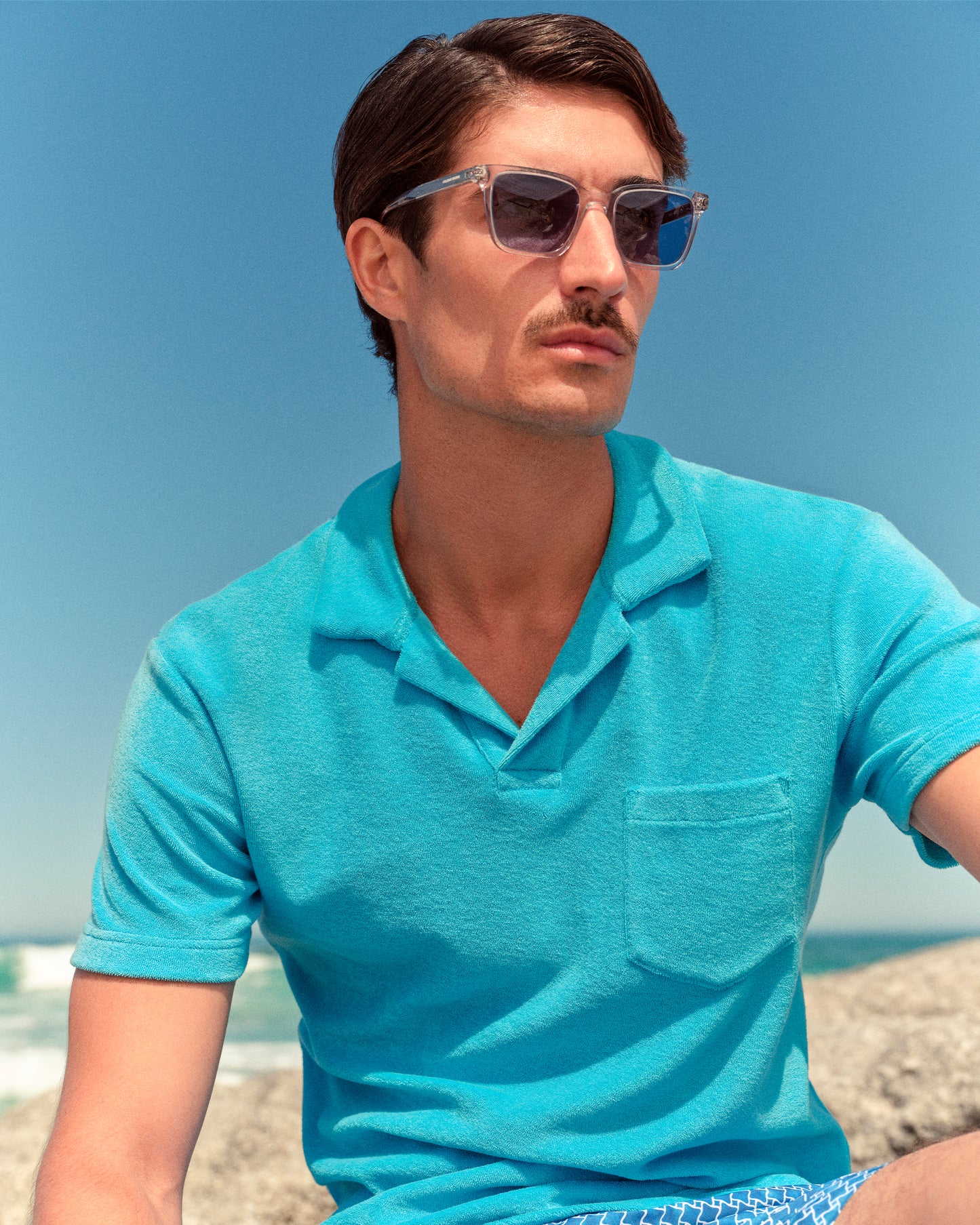 Terry Towelling - Tailored Fit Cotton Towelling Resort Polo Shirt in Aqua Blue