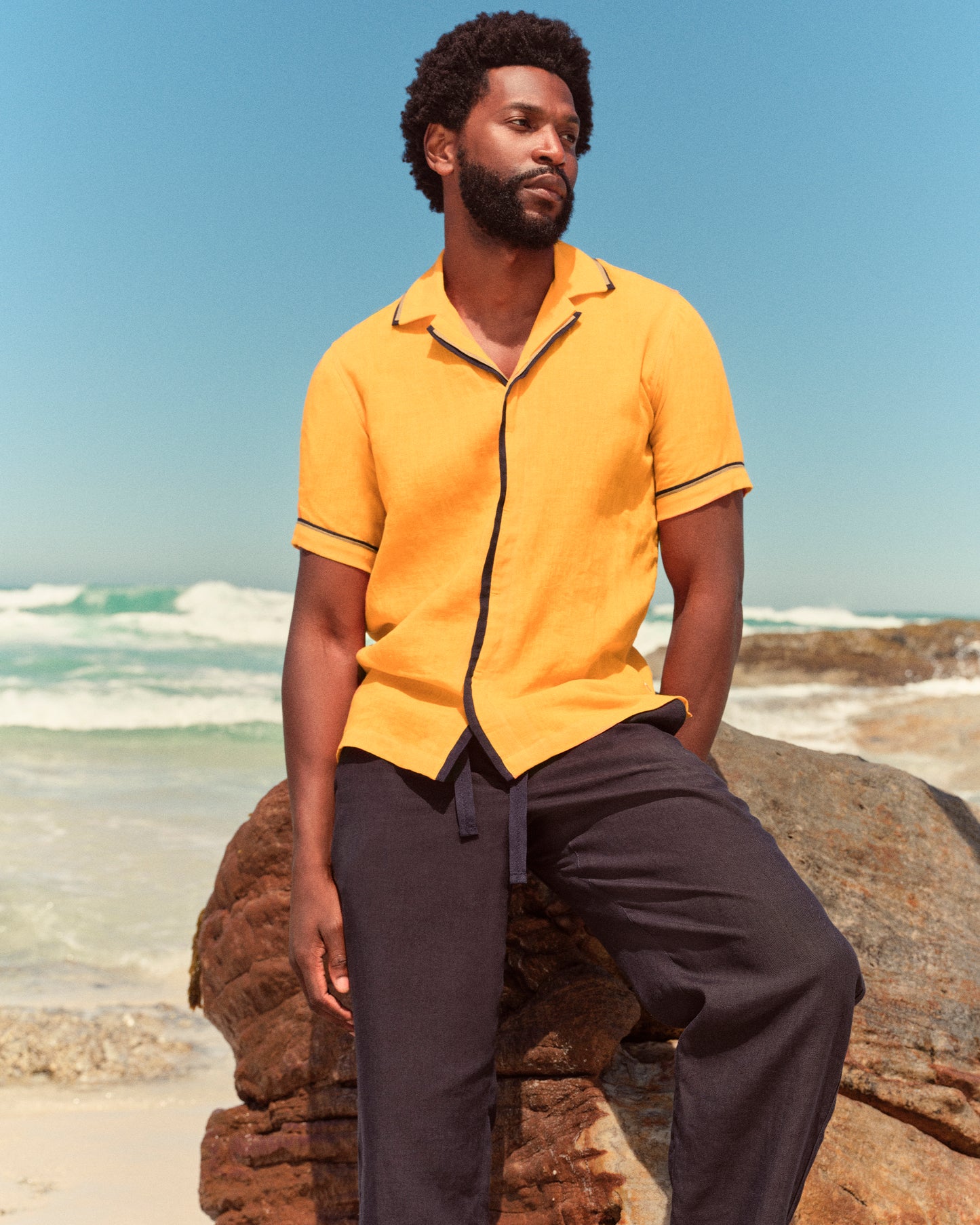 Maitan - Relaxed Fit Two-Tone Capri Collar Linen Shirt in Calypso Orange/Agave/Night Iris