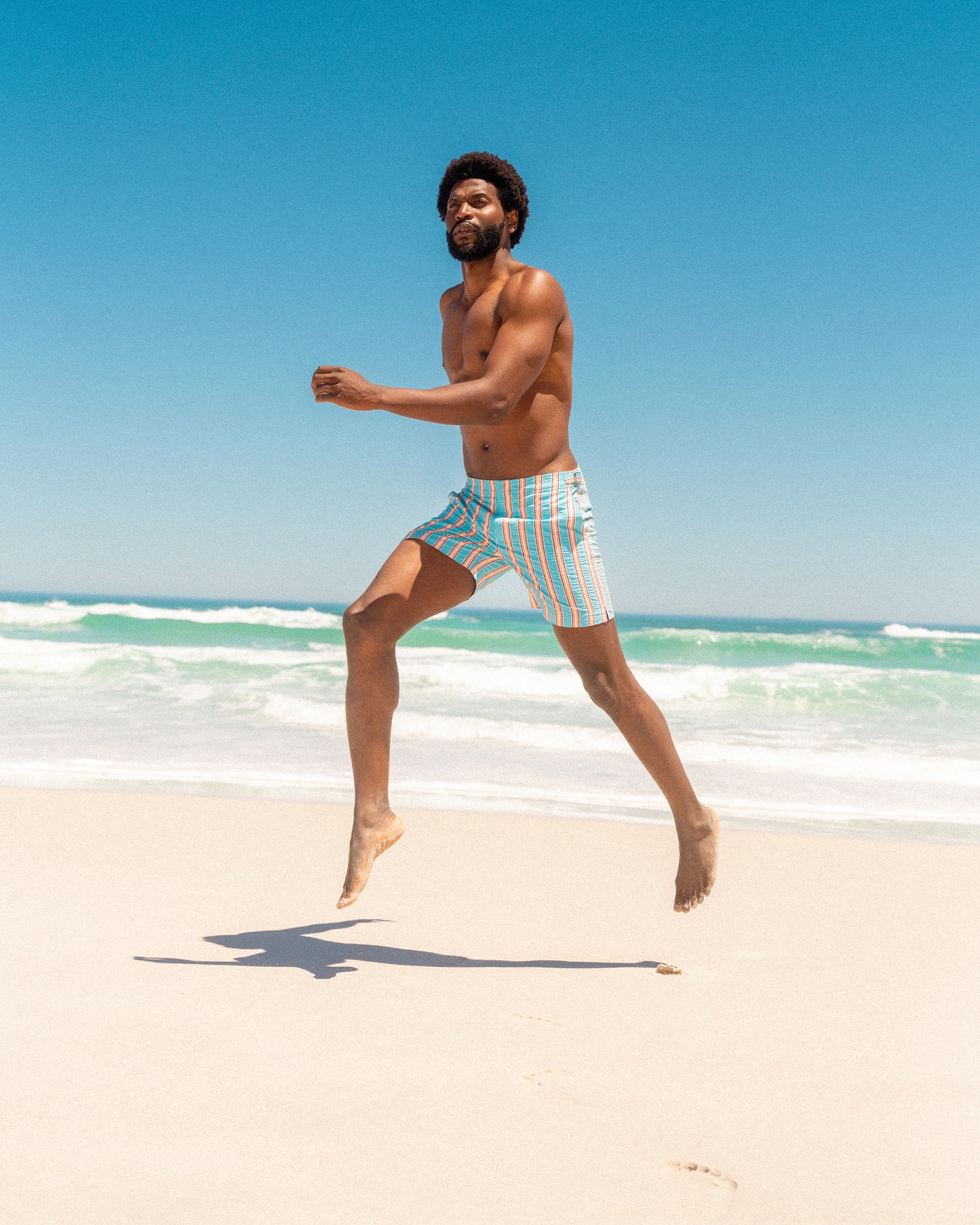 Bulldog - Mid-Length Deckchair Stripe Swim Shorts in Blue Multicolour View