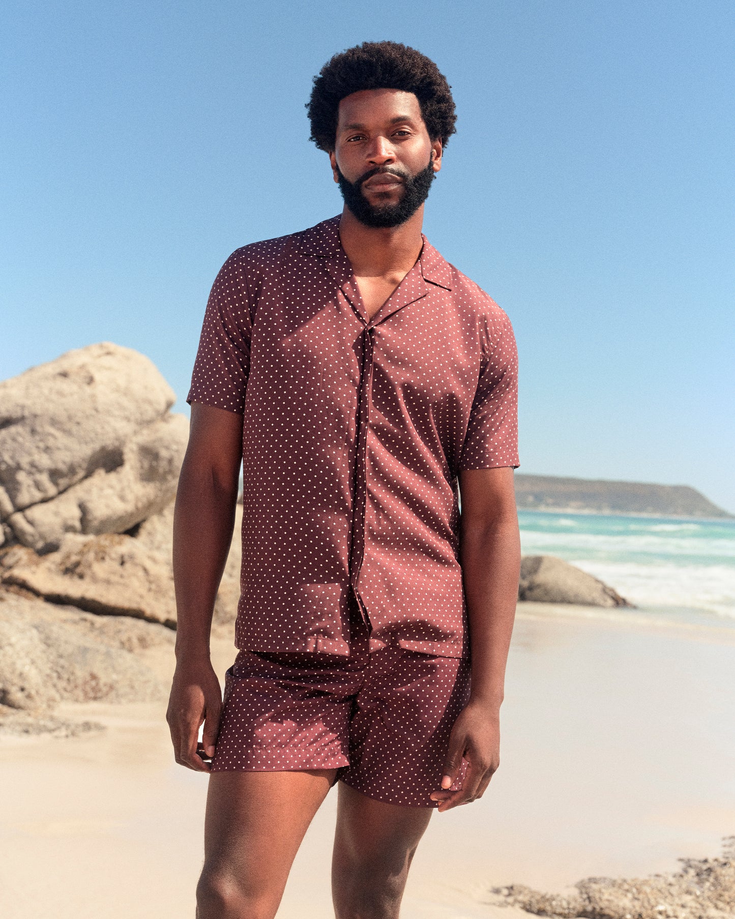 Maitan - Relaxed Fit Capri Collar Polka Dot Print Shirt in Damson