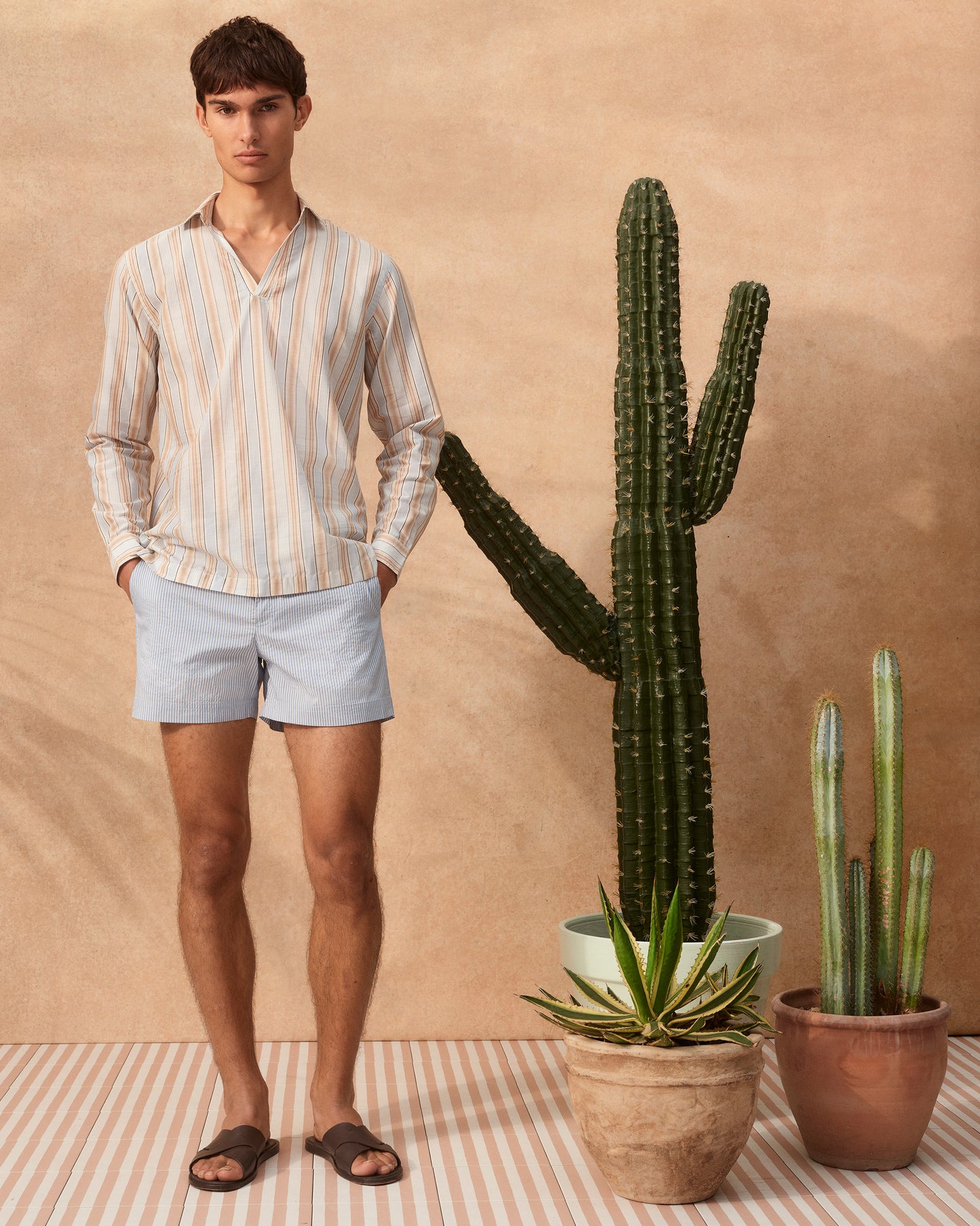 Ridley - Relaxed Fit Open Resort Placket Soft Stripe Cotton Shirt in Blue/Biscuit Colour View