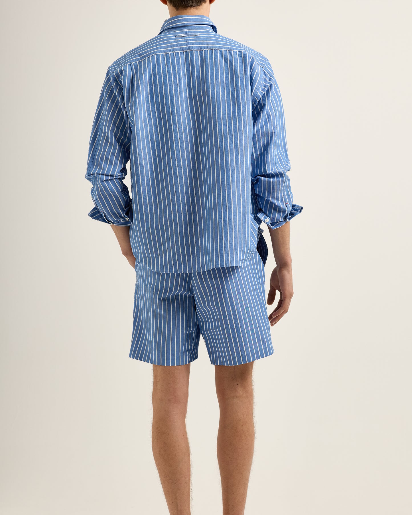 Alex Stripe - Relaxed Fit Striped Drawcord Linen Shorts in Catalina Blue/White Sand Model Back