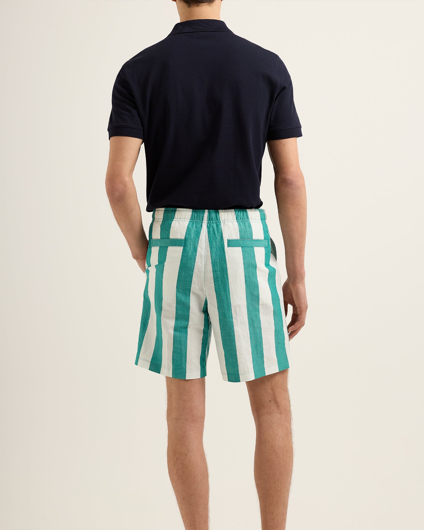 Alex Stripe - Relaxed Fit Striped Drawcord Linen Shorts in Green/White Sand Model Back