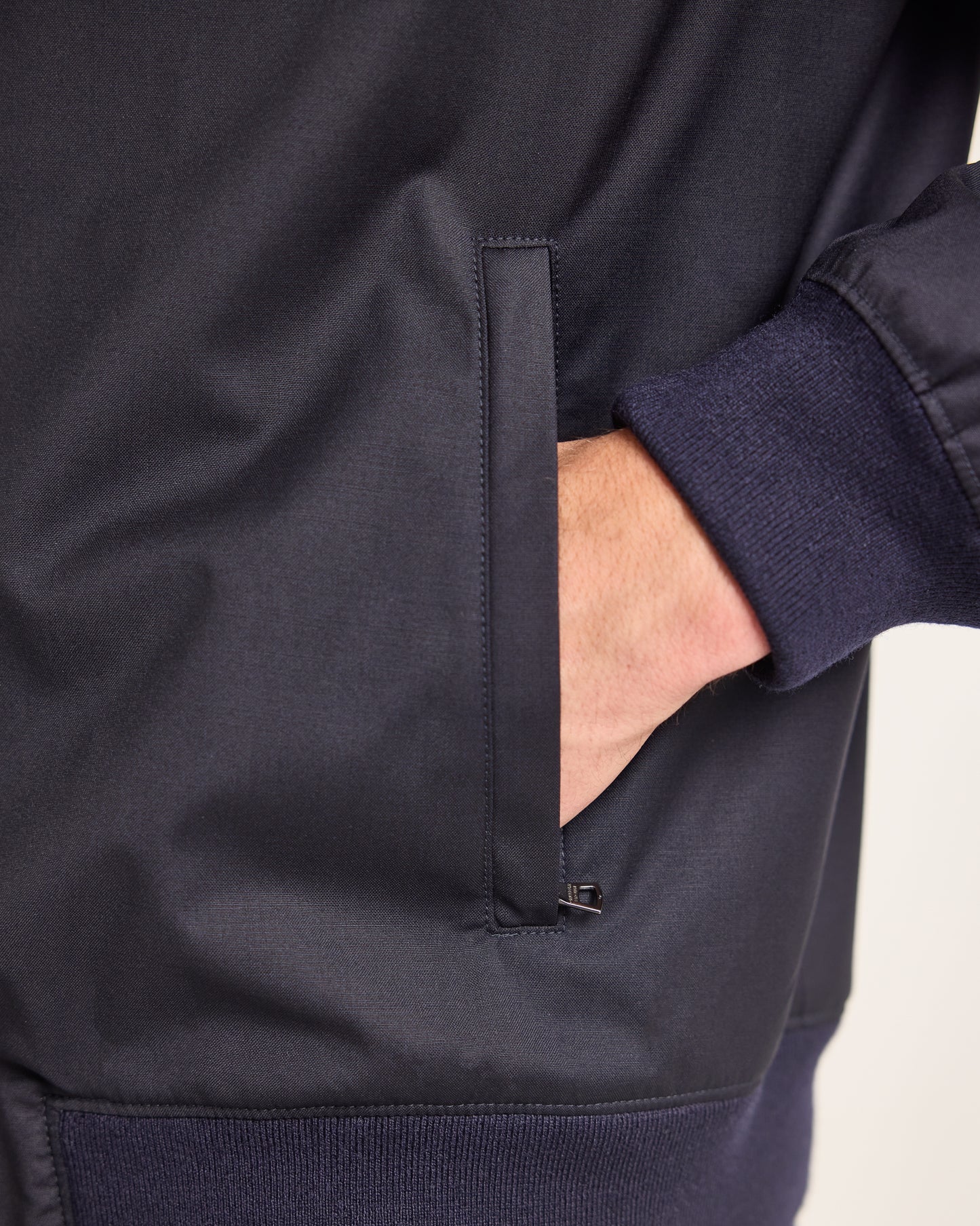 Alvaro - Merino Jacket with Two-Way Zip in Night Iris Detail View