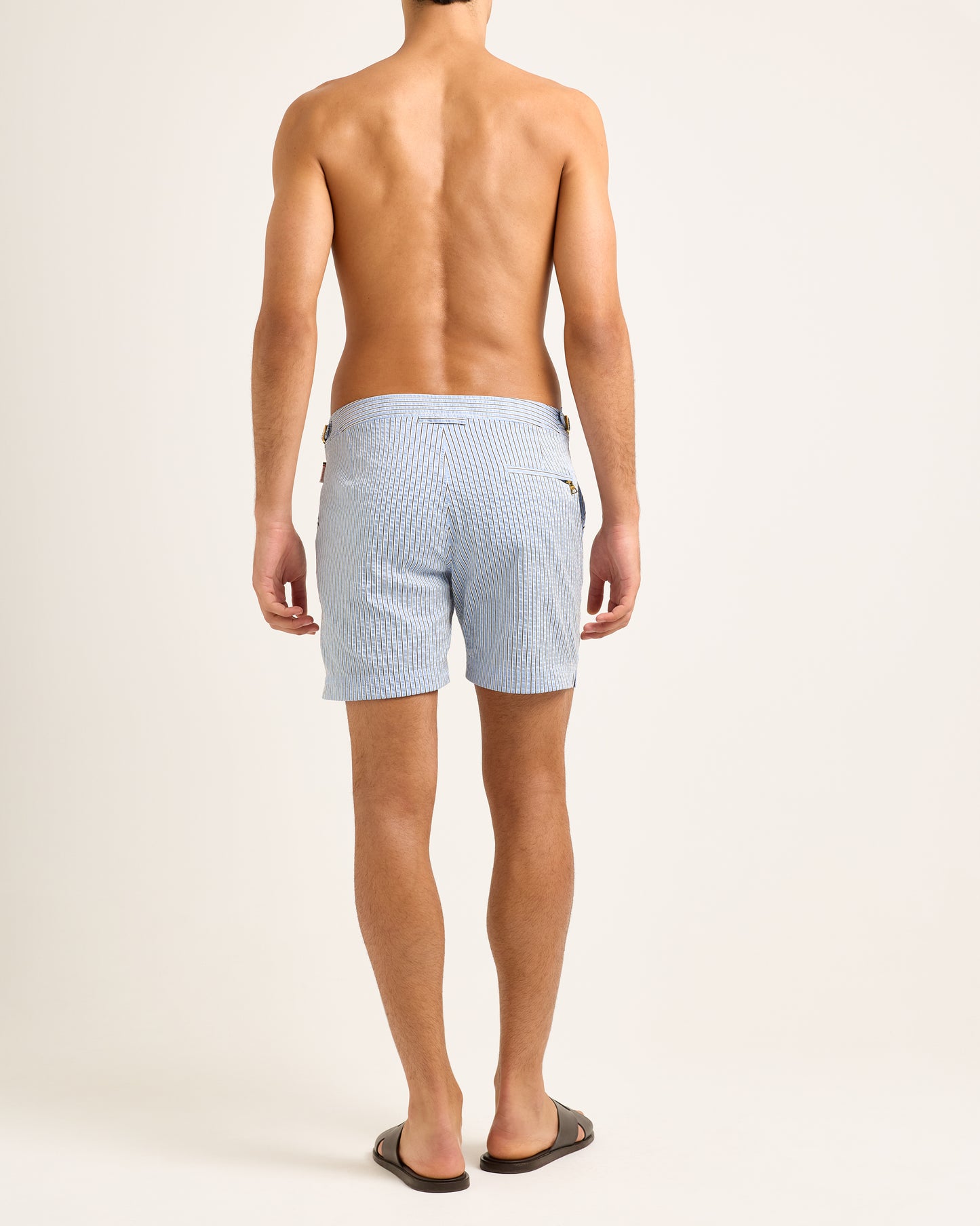 Bulldog - Mid-Length Classic Stripe Swim Shorts in Blue/Damson Stripe Model Back View