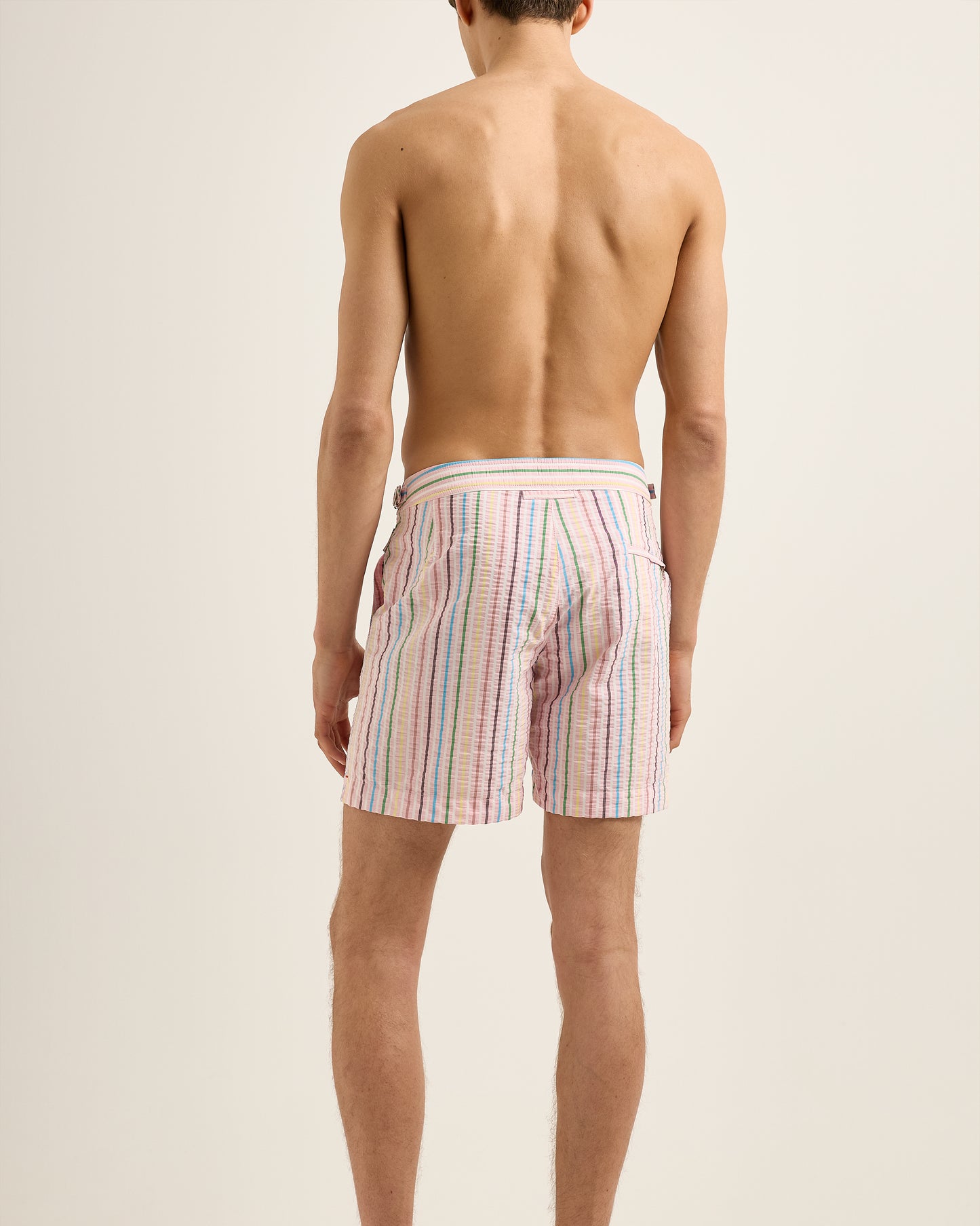 Bulldog - Mid-Length Deckchair Stripe Swim Shorts in Pink Multicolour Model Back