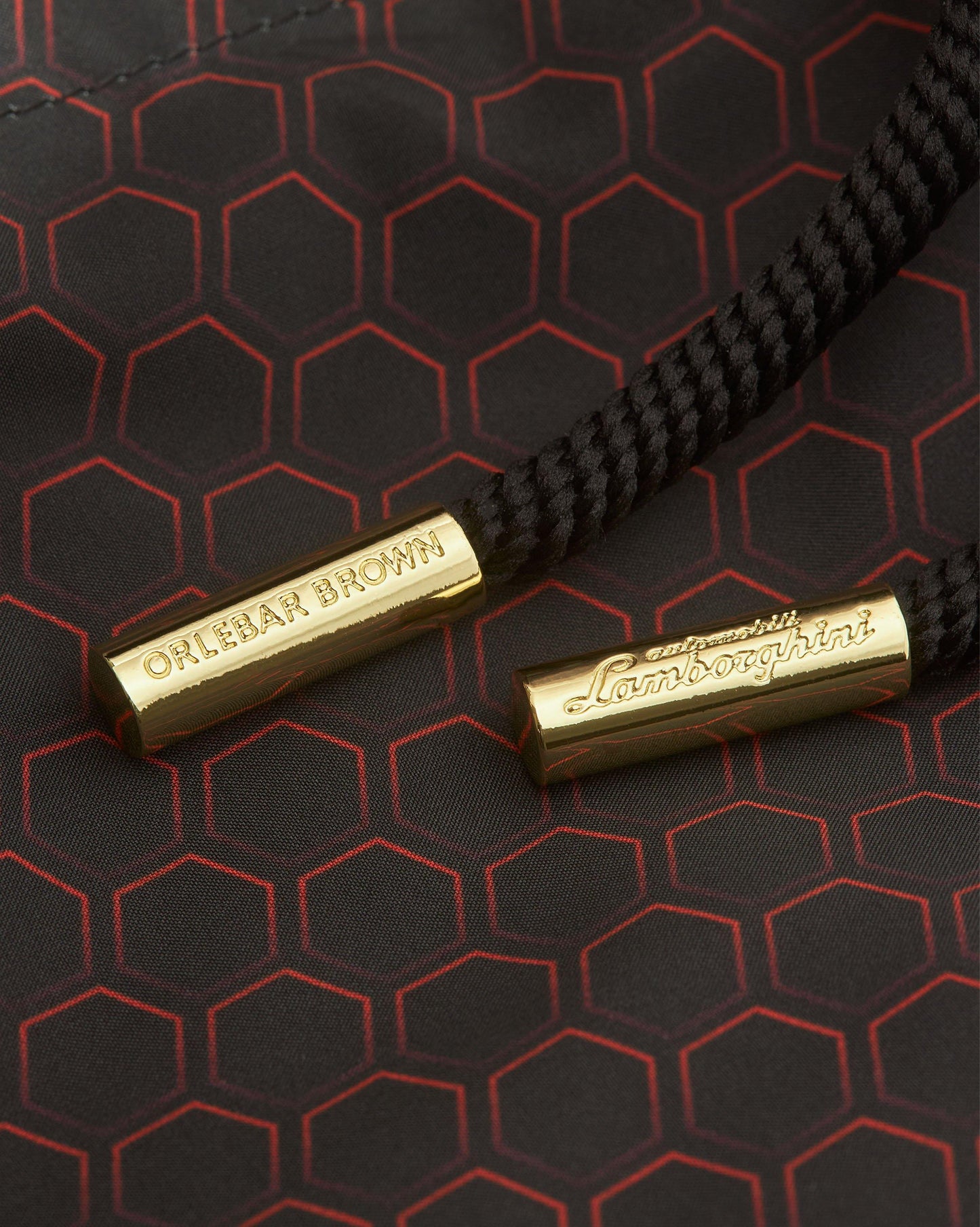 Bulldog Drawcord - Automobili Lamborghini Black/Summer Red Hexagon Print Mid-Length Drawcord Swim Shorts Detail Ott