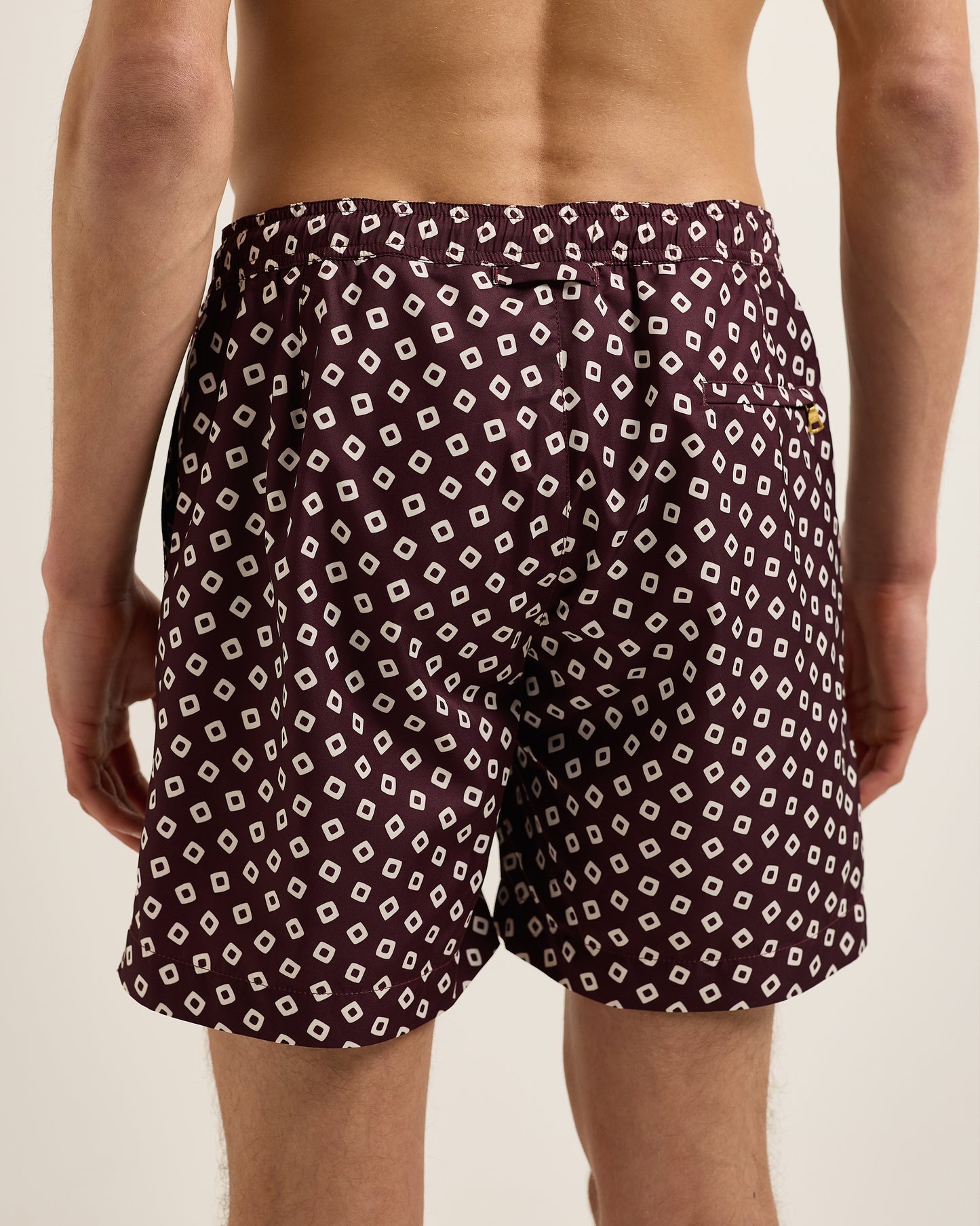 Bulldog Drawcord - Mid-Length Lumina Print Drawcord Swim Shorts in Damson/Latte Model Back