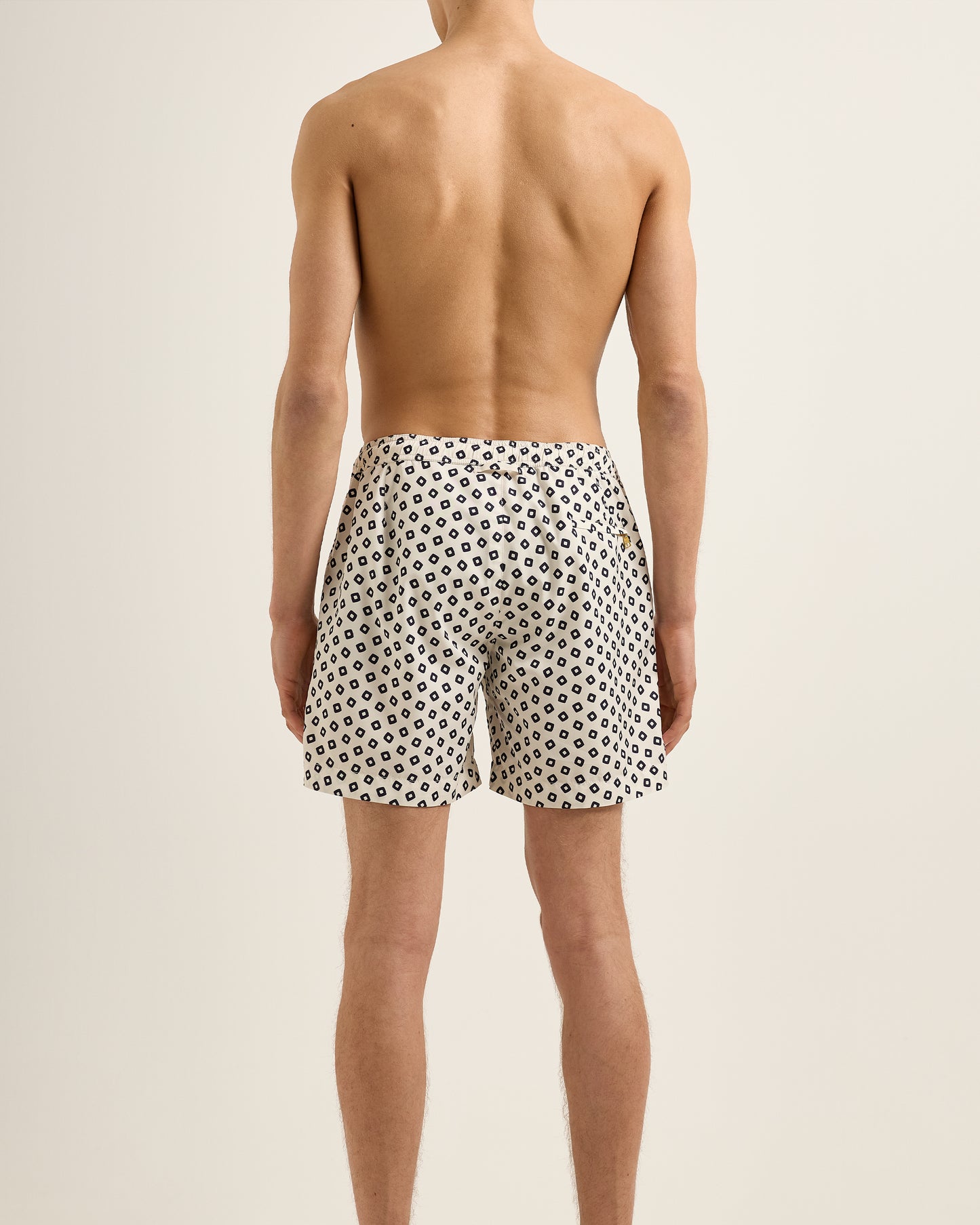 Bulldog Drawcord - Mid-Length Lumina Print Drawcord Swim Shorts in Latte/Night Iris Blue Model Back