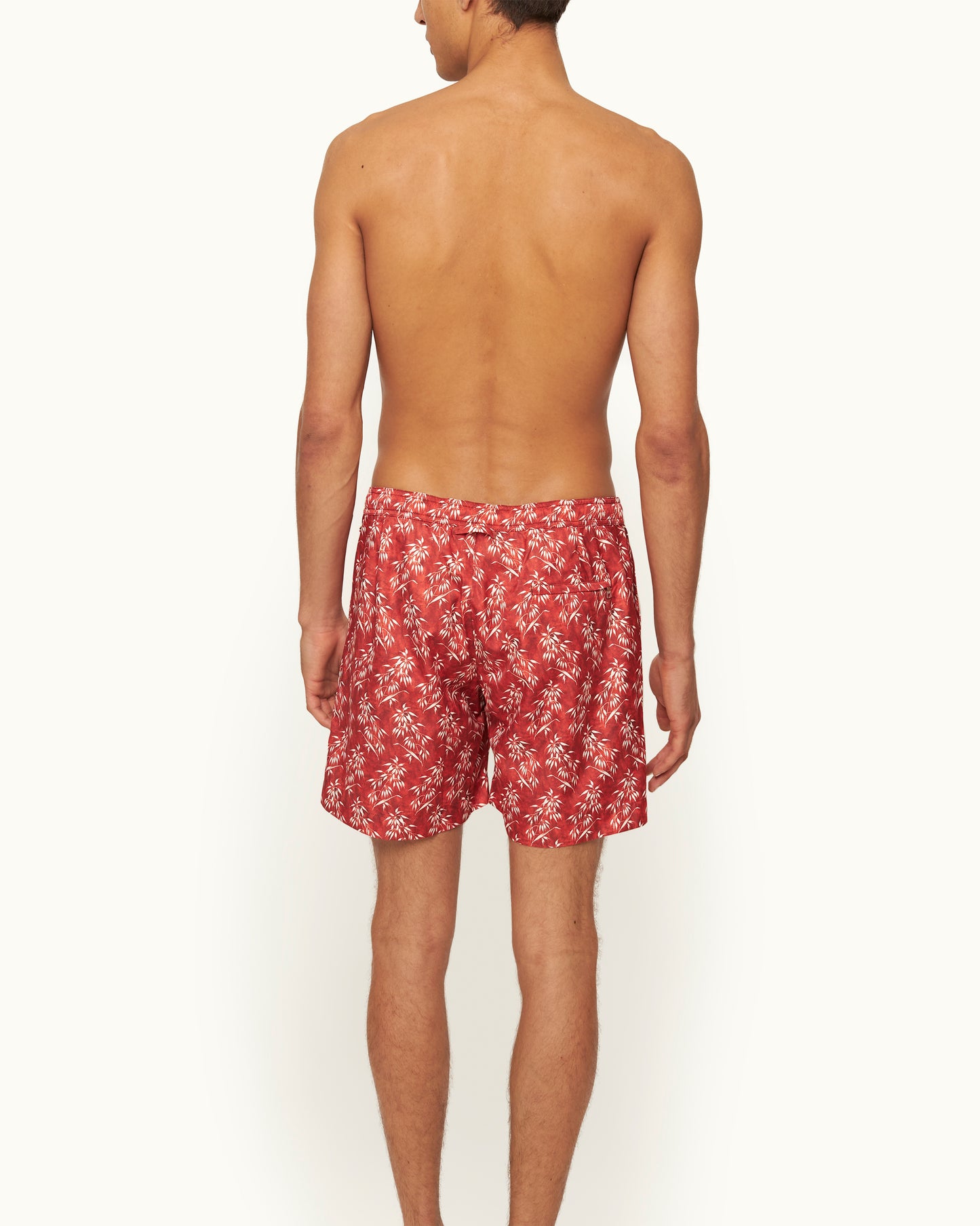 Bulldog Drawcord - Mid-Length Bamboo Print Drawcord Swim Shorts in Summer Red/White Sand Model Back