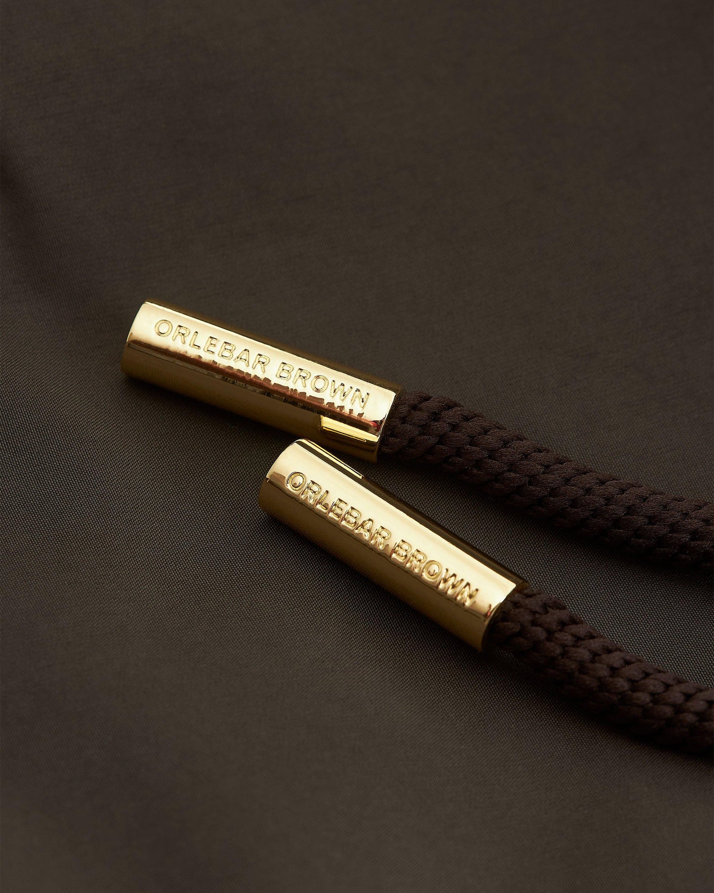 Bulldog Drawcord - Mid-Length Drawcord Swim Shorts Woven In Italy in Smoked Tea colour Detail Ott