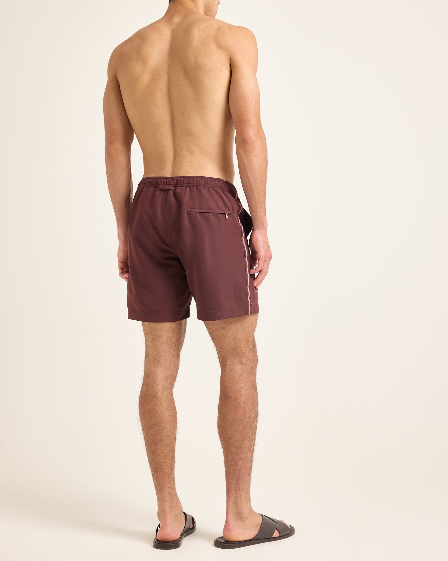 Bulldog Drawcord - Mid-Length Drawcord Stripe Swim Shorts in Damson Model Back View