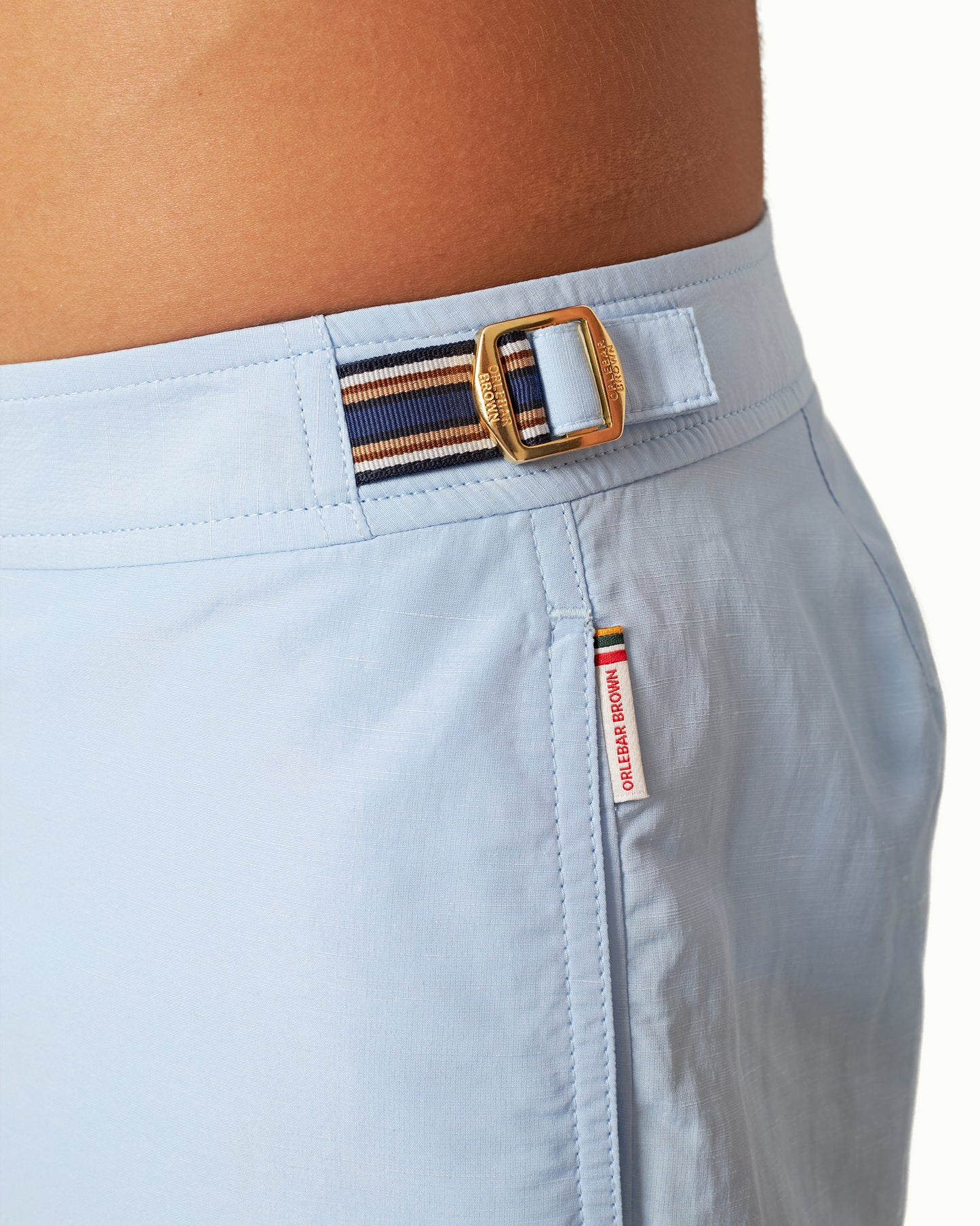 Bulldog - Mid-Length Tape Stripe Linen Blend Swim Shorts in Springwater Blue Detail 1