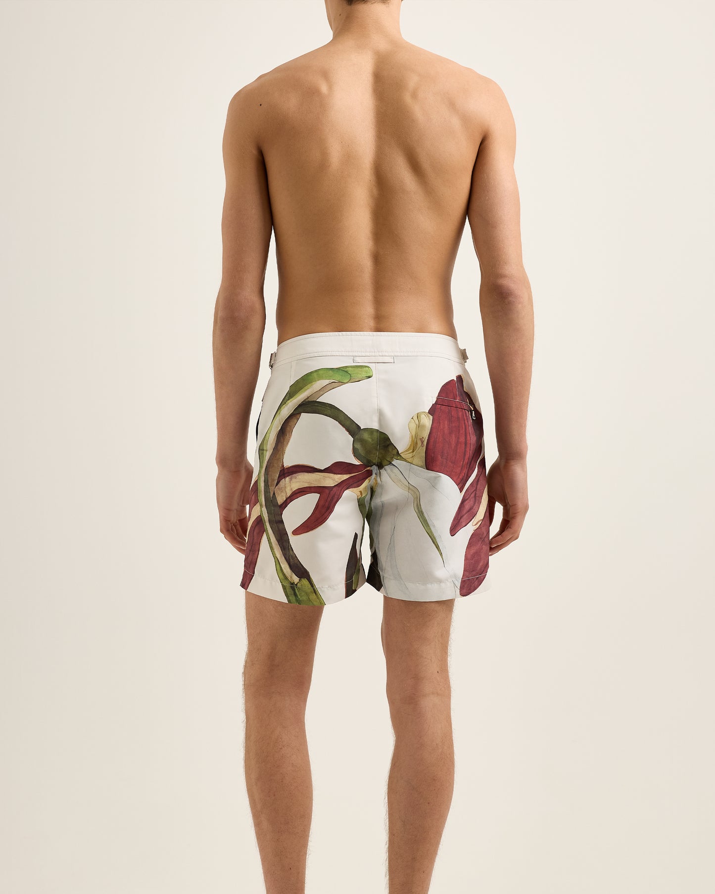 Bulldog - Mid-Length Orchis Print Swim Shorts in White Sand/Damson Model Back