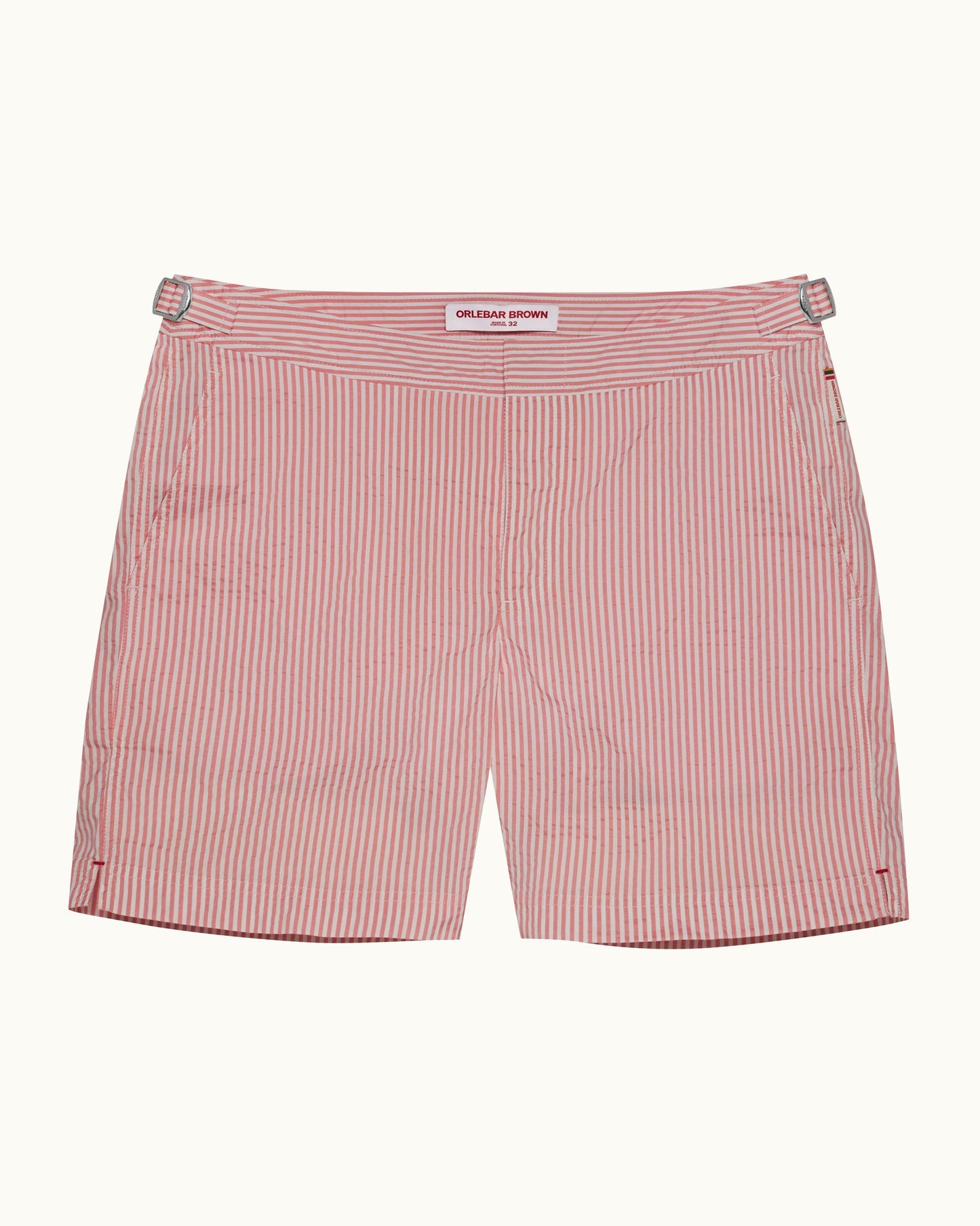 Bulldog - Seersucker Mid-Length Swim Shorts Woven In Italy in Fresh Pink Lemonade/White Stripe colour