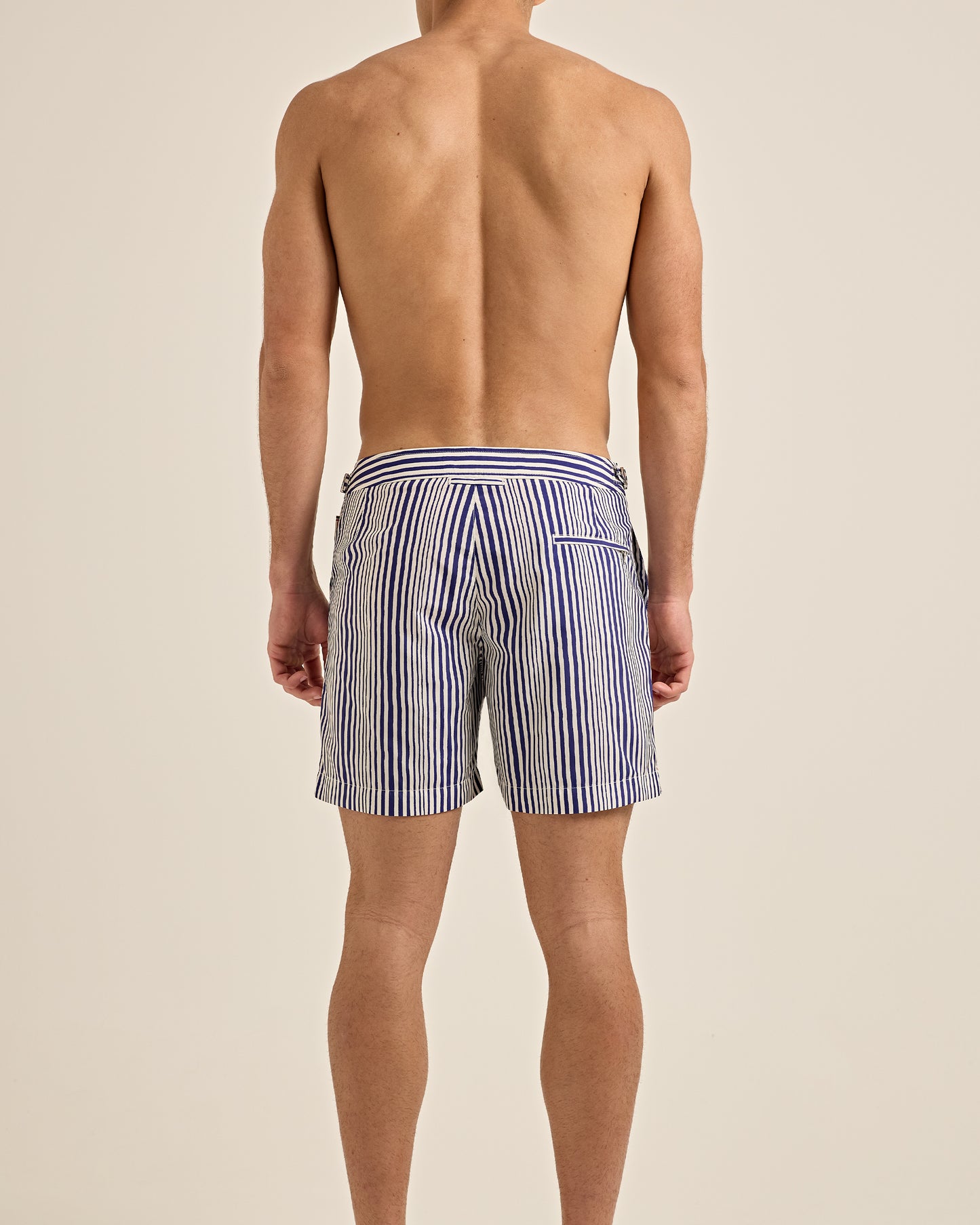 Bulldog - Mid-Length Shore Stripe Swim Shorts in Blue/White Model Back