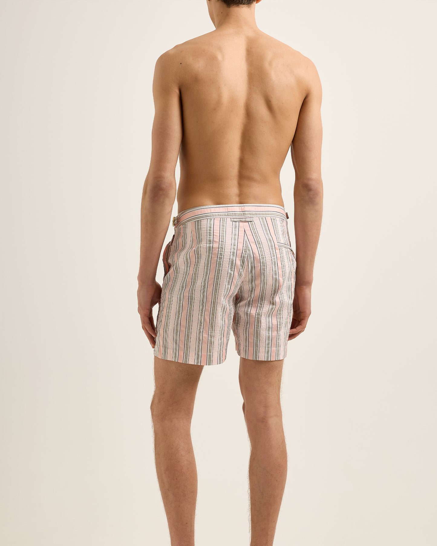 Bulldog - Mid-Length Soft Stripe Swim Shorts in Pink/Grey Stripe Model Back