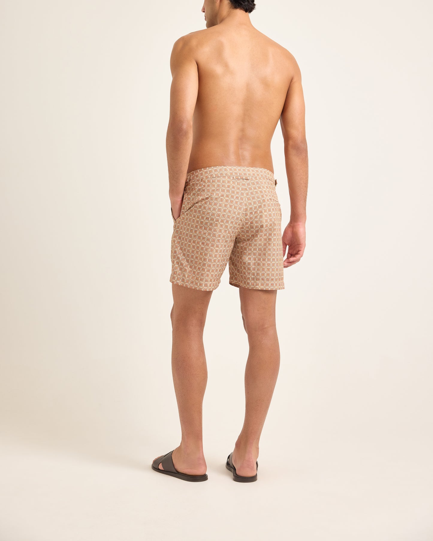 Bulldog - Mid-Length Signature Fit Bulldog Swim Short in Bronze Solstice Print Model Back View