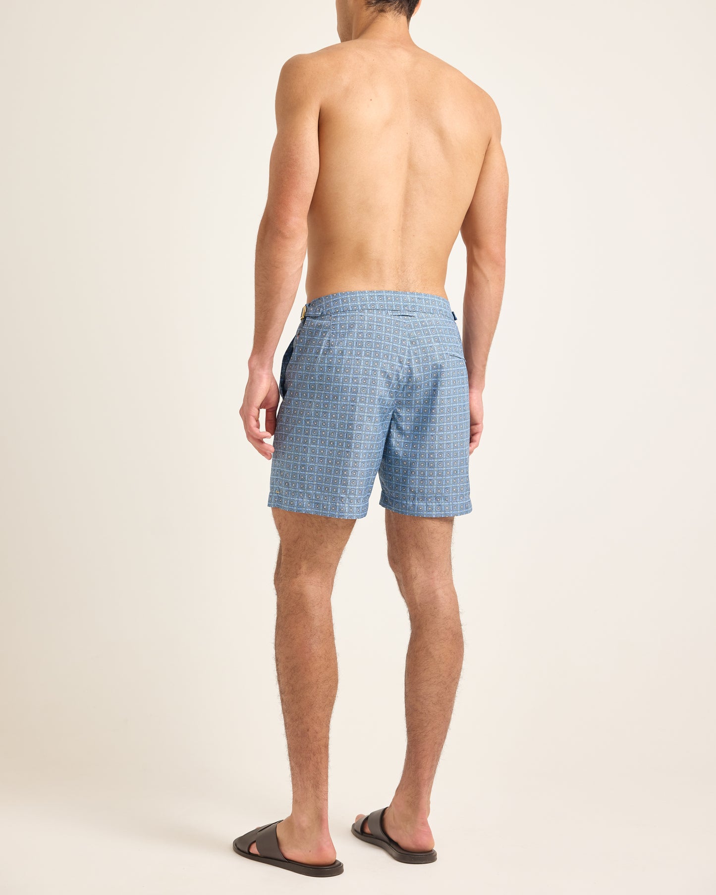 Bulldog - Mid-Length Signiture Fit Bulldog Swim Short, Solstice Print in Light Saltwater Blue Model Back View