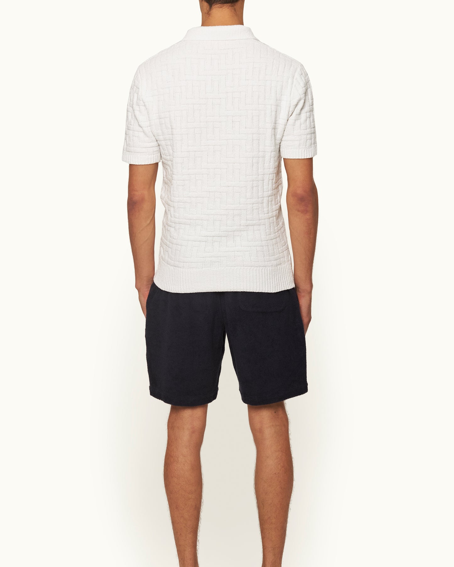 Burnham - Tailored Fit Jacquard Boucle Organic Cotton Polo Shirt in Thasos Beach Model Back