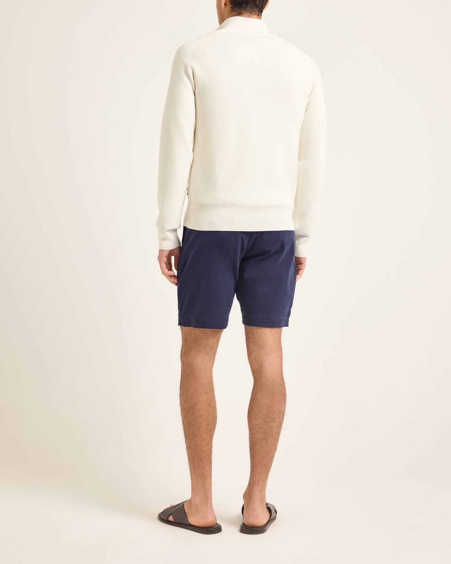 Dane Stretch-Cotton - Longer-Length Stretch Linen Shorts in Dark Navy Model Back View