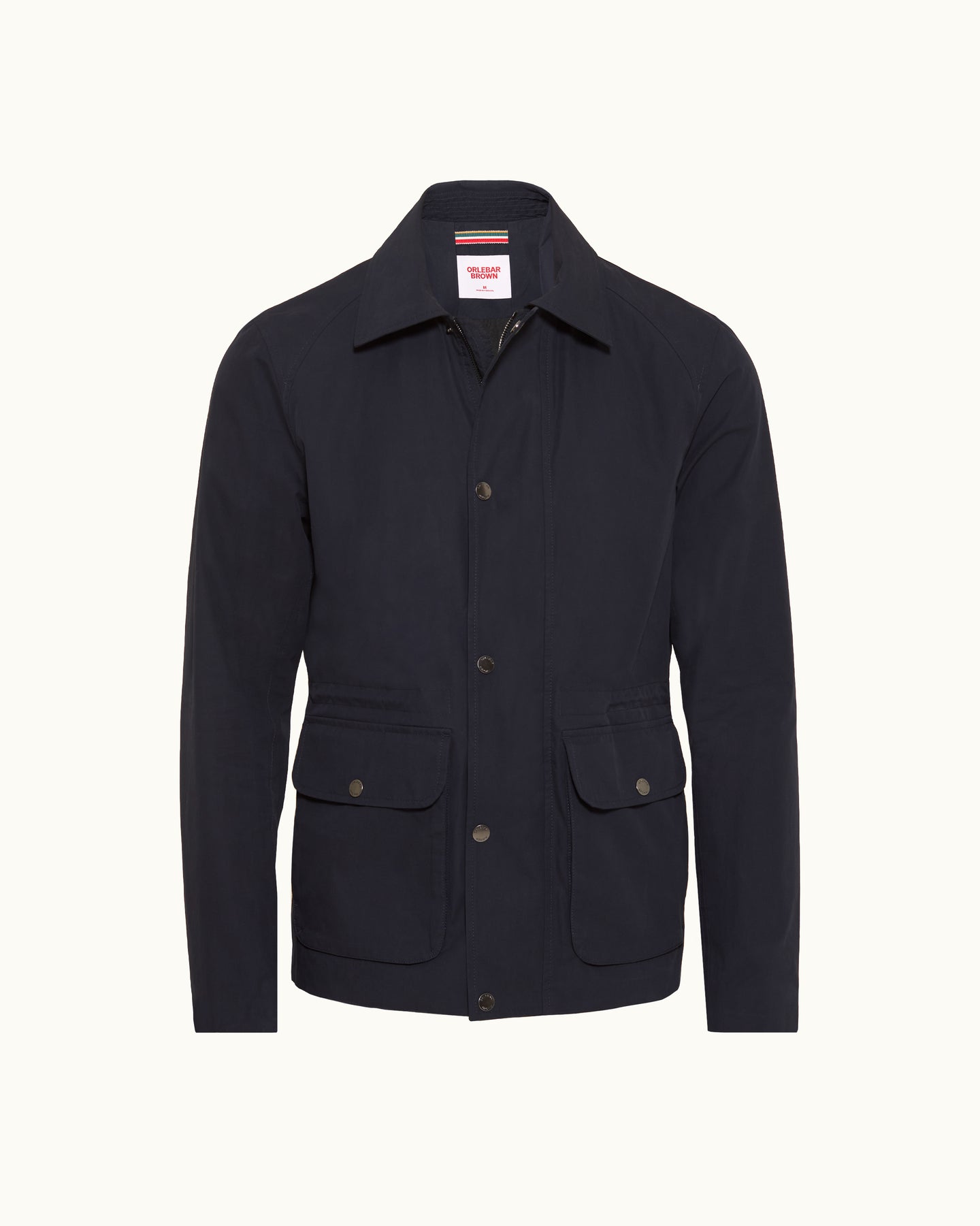 A dark navy blue utility jacket with a pointed collar, button front, and two large flap pockets on the front, shown against a plain off-white background.