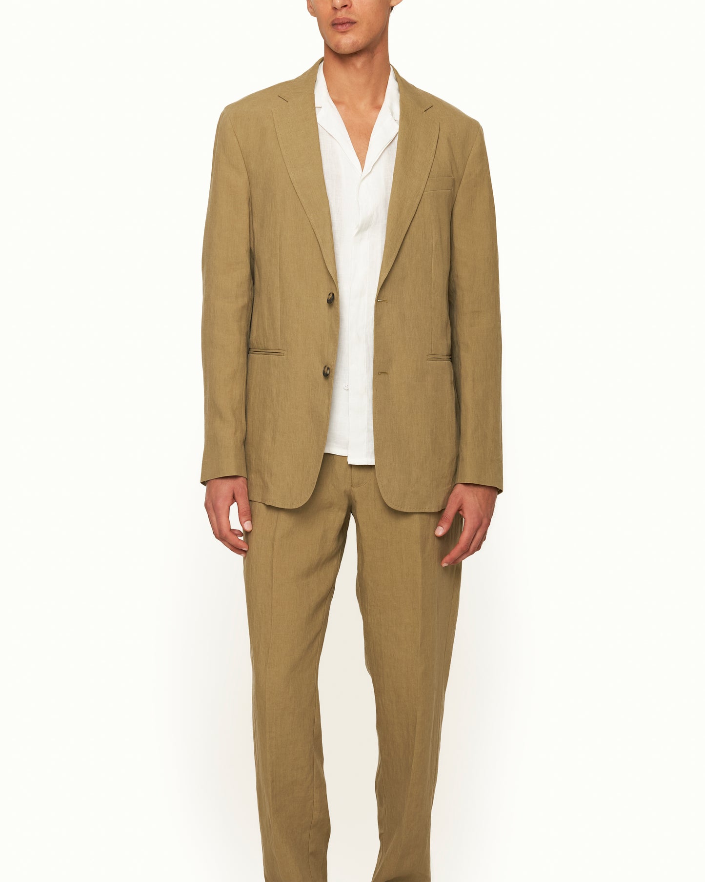 Garret Linen - Tailored Fit Unstructured Two-Button Linen Blazer in Agave Green Model Front