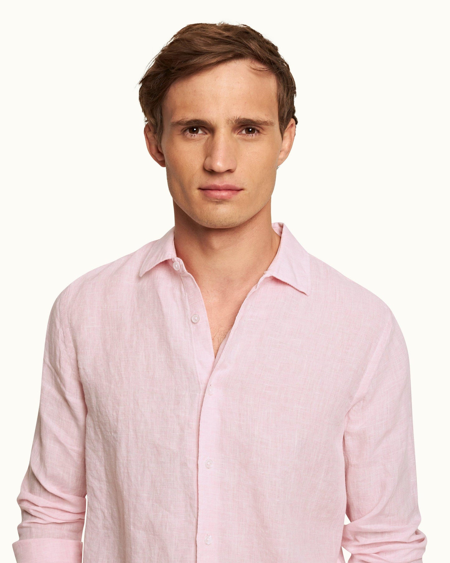 Giles Linen - Mens Pale Pink/White Classic Collar Tailored Fit Linen Shirt Collar Detail View