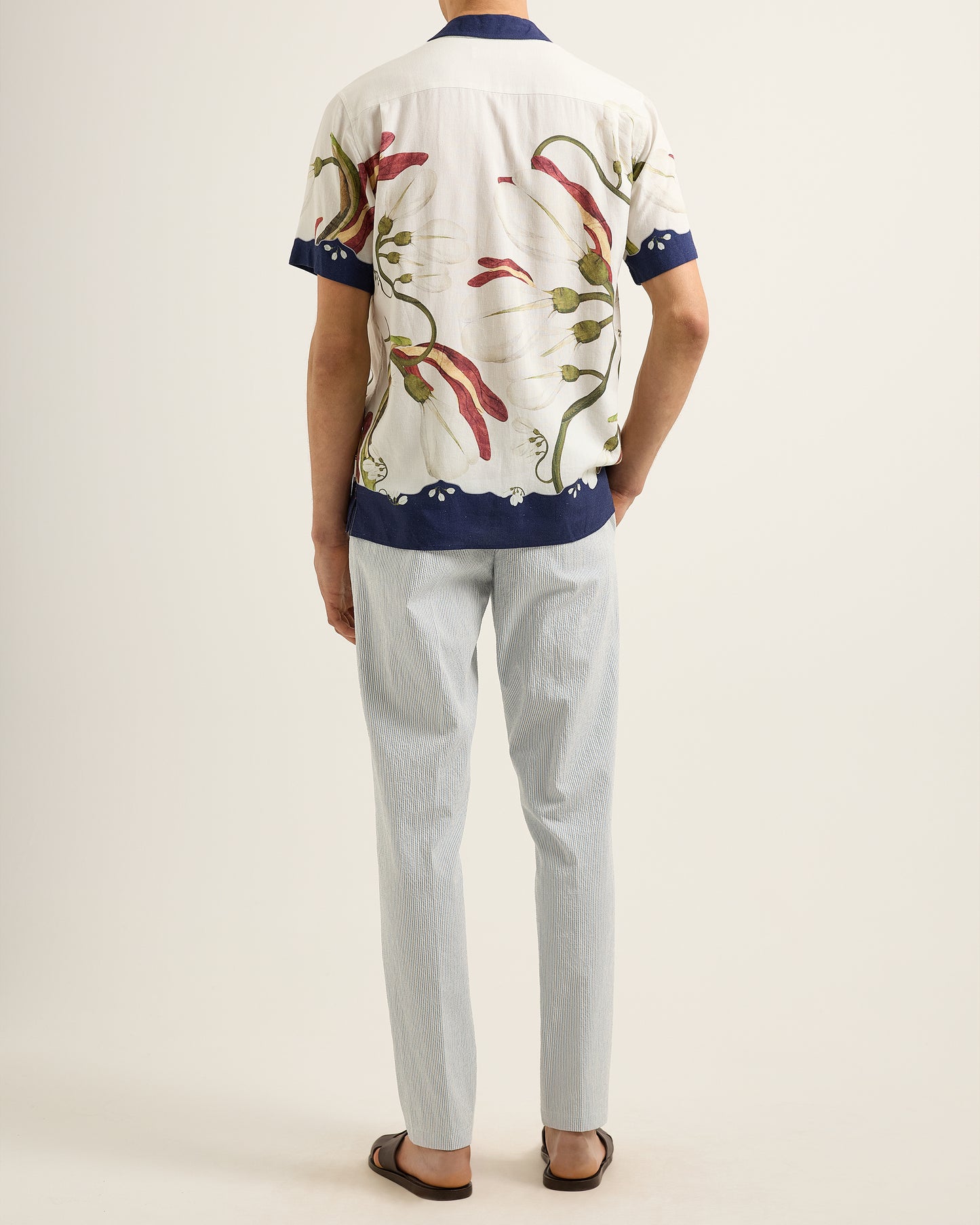 Griffon Seersucker - Tailored Fit Smart Italian Seersucker Trousers in Wave Blue/White Sand Stripe Model Back