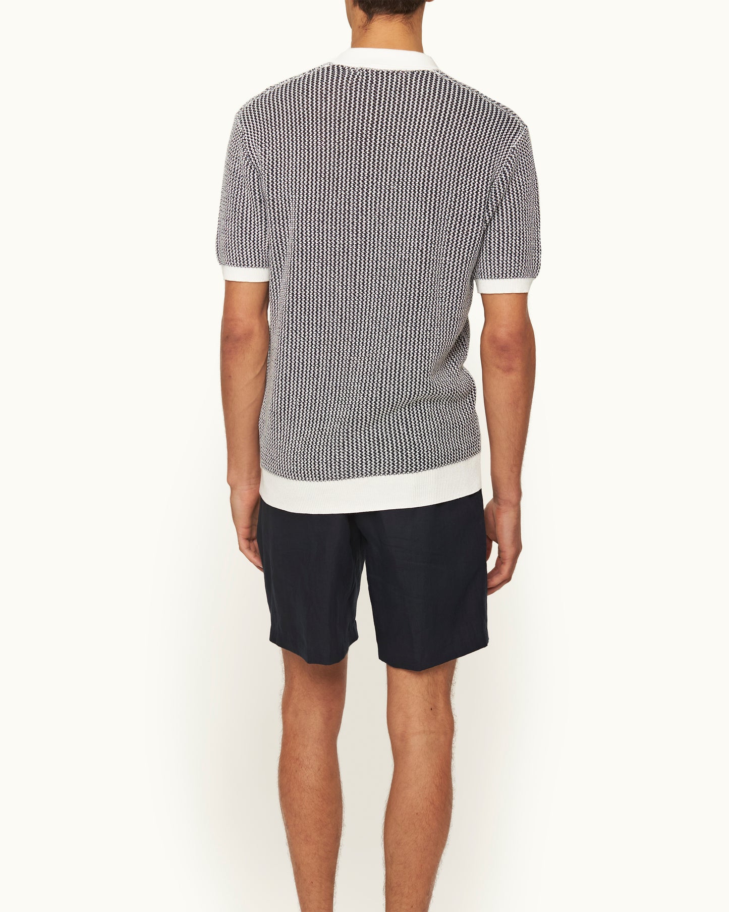 Horton - Tailored Fit Two-Colour Chevron Cotton Knit Polo Shirt in White Sand/Night Iris Model Back