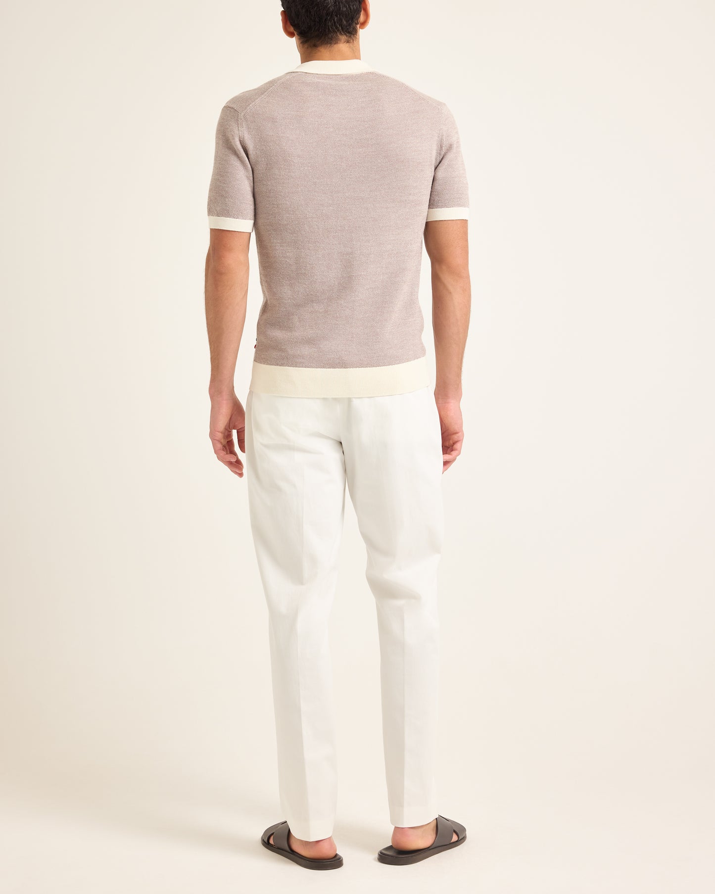 Horton Merino - Tailored Fit Merino Knit Polo Shirt in Morel Brown/White Sand Model Back View