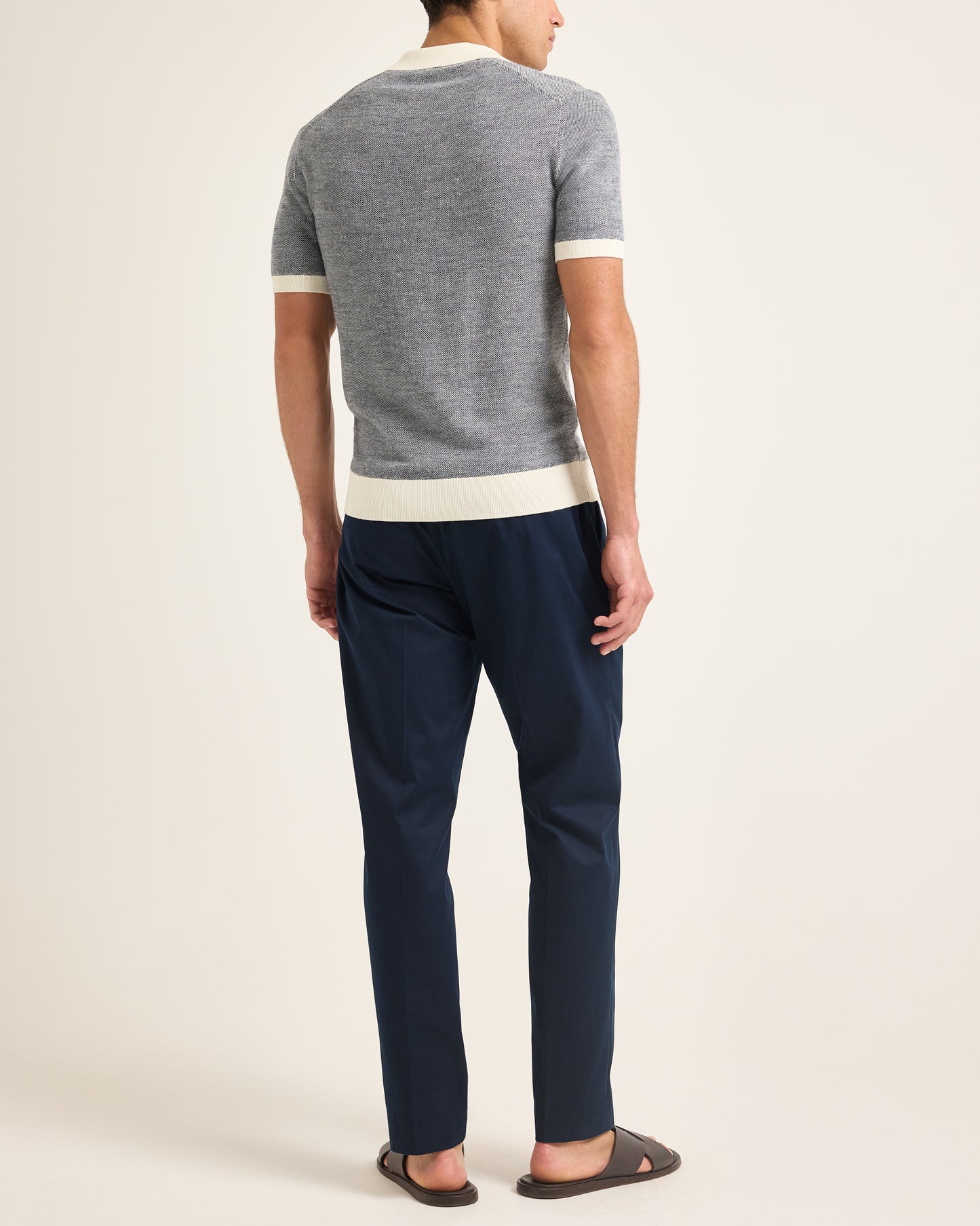 Horton Merino - Tailored Fit Merino Knit Polo Shirt in Tonic Blue/White Sand Model Back View